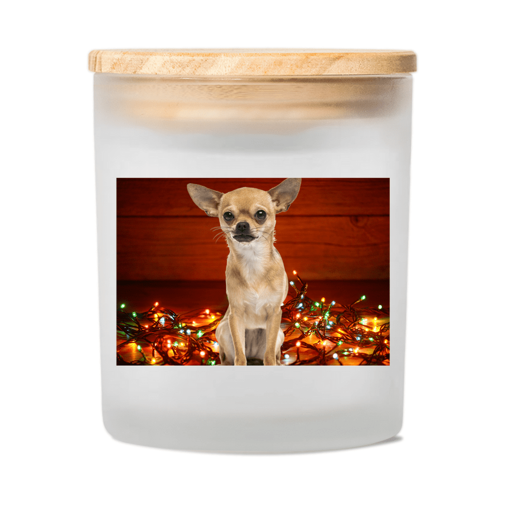 Custom Dog Portrait with Holiday Background on Frosted Glass Candle | Choose Background
