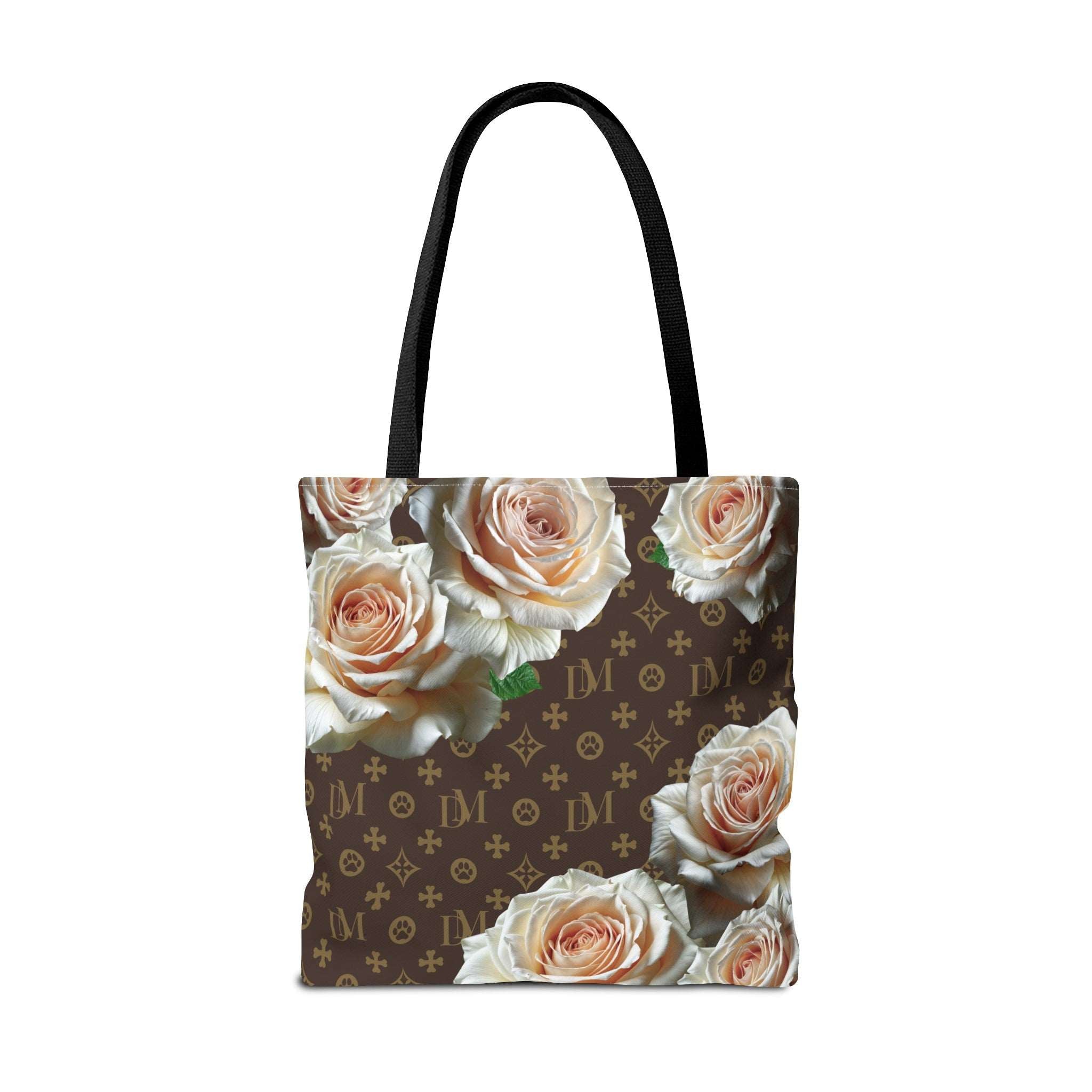 Dog Mom "DM" Signature Motif Champagne Rose Market Tote Bag - dog-mom-dm-signature-motif-champagne-white-rose-tote-bag