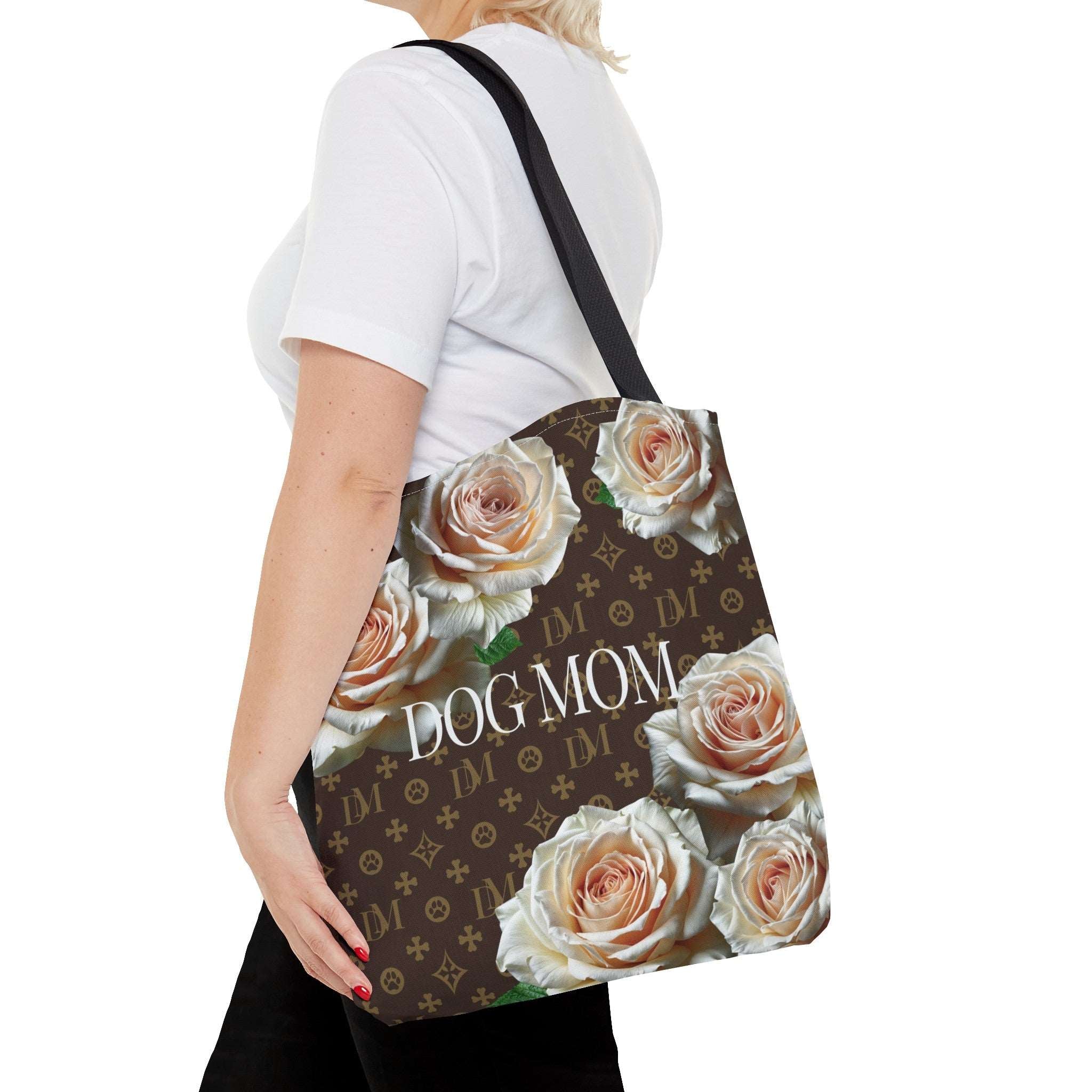 Dog Mom "DM" Signature Motif Champagne Rose Market Tote Bag - dog-mom-dm-signature-motif-champagne-white-rose-tote-bag