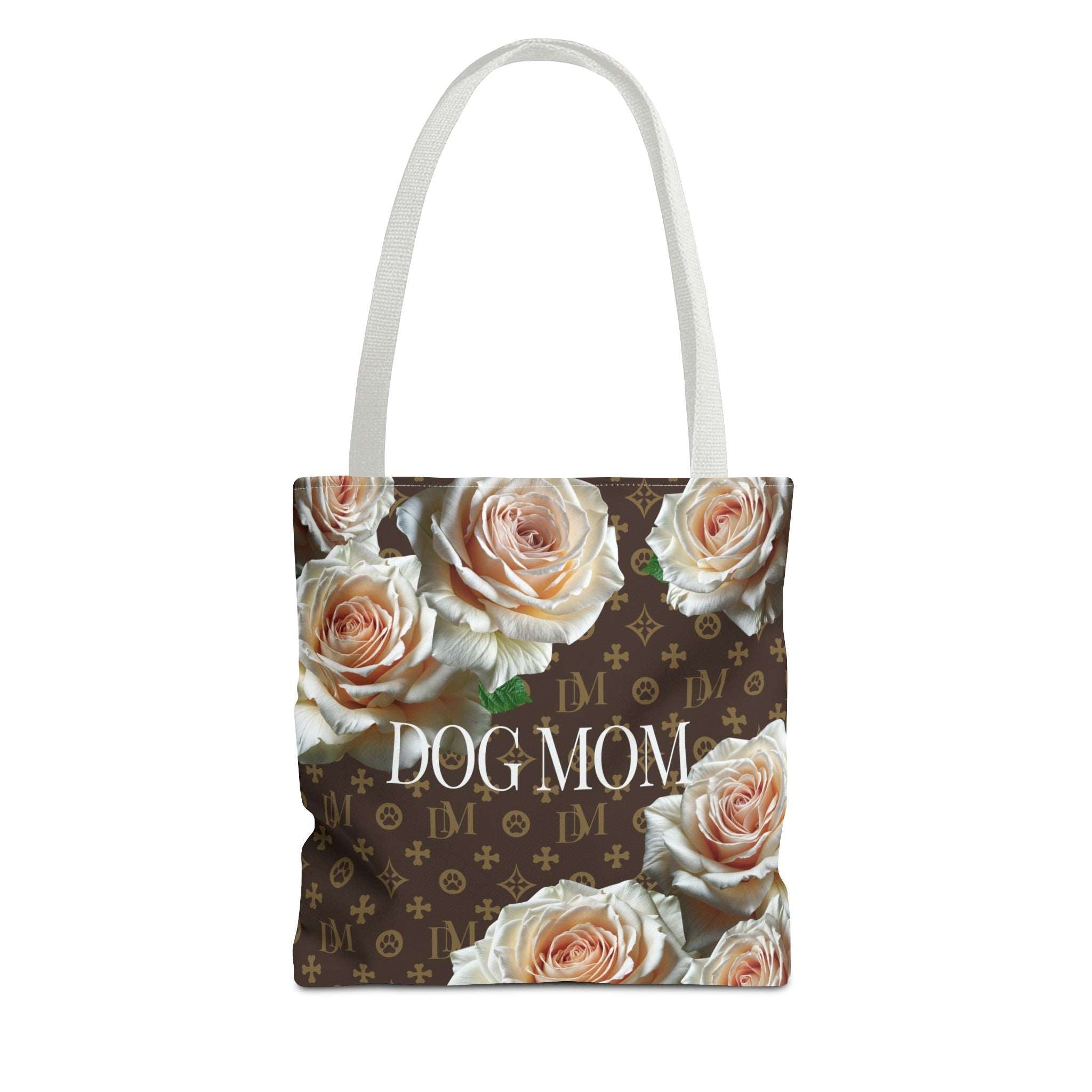 Dog Mom "DM" Signature Motif Champagne Rose Market Tote Bag - dog-mom-dm-signature-motif-champagne-white-rose-tote-bag