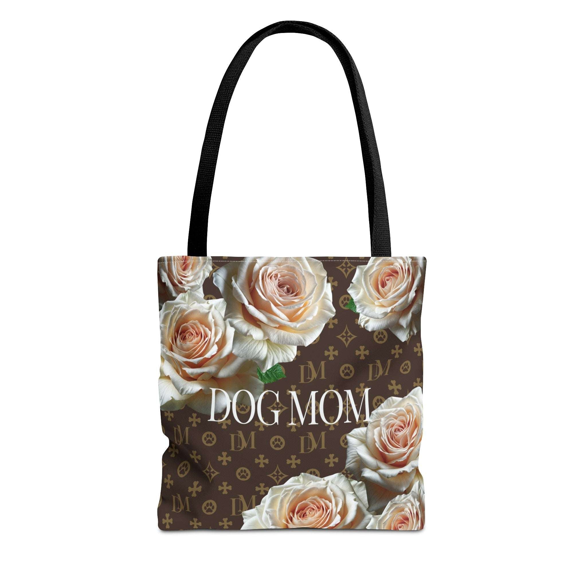 Dog Mom "DM" Signature Motif Champagne Rose Market Tote Bag - dog-mom-dm-signature-motif-champagne-white-rose-tote-bag