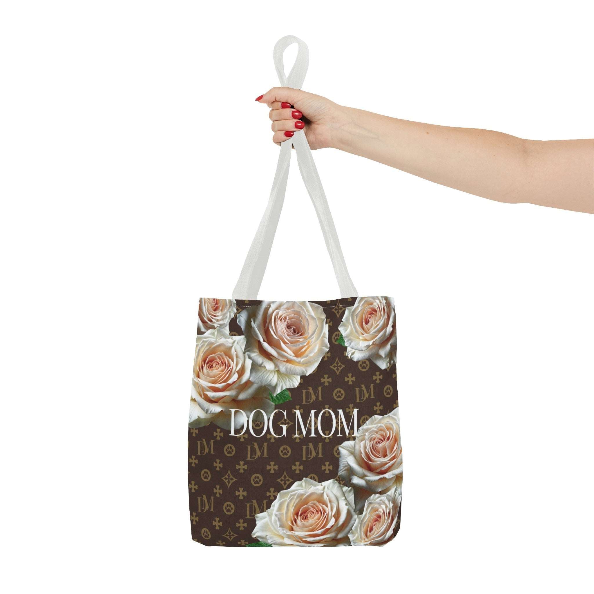 Dog Mom "DM" Signature Motif Champagne Rose Market Tote Bag - dog-mom-dm-signature-motif-champagne-white-rose-tote-bag