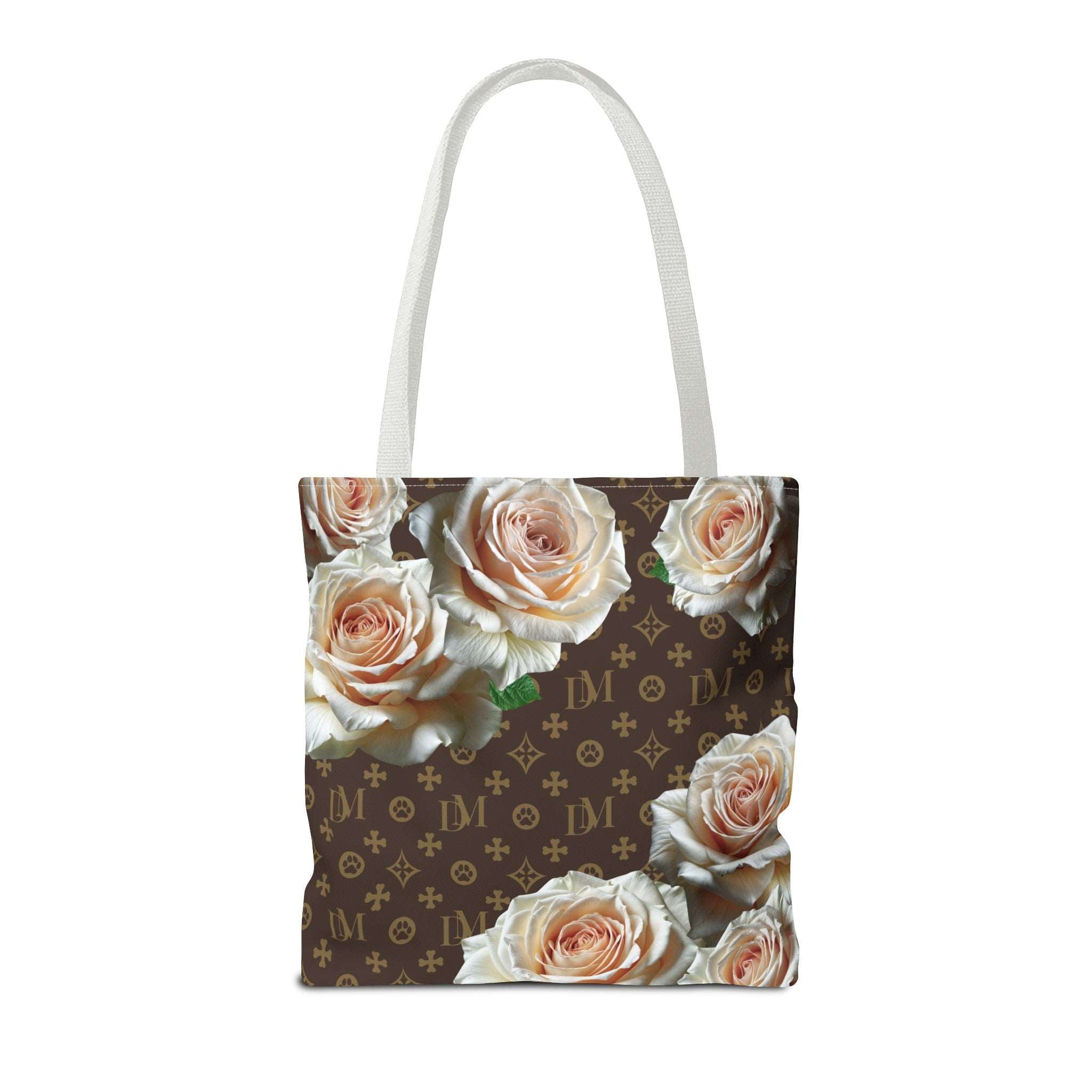 Dog Mom "DM" Signature Motif Champagne Rose Market Tote Bag - dog-mom-dm-signature-motif-champagne-white-rose-tote-bag