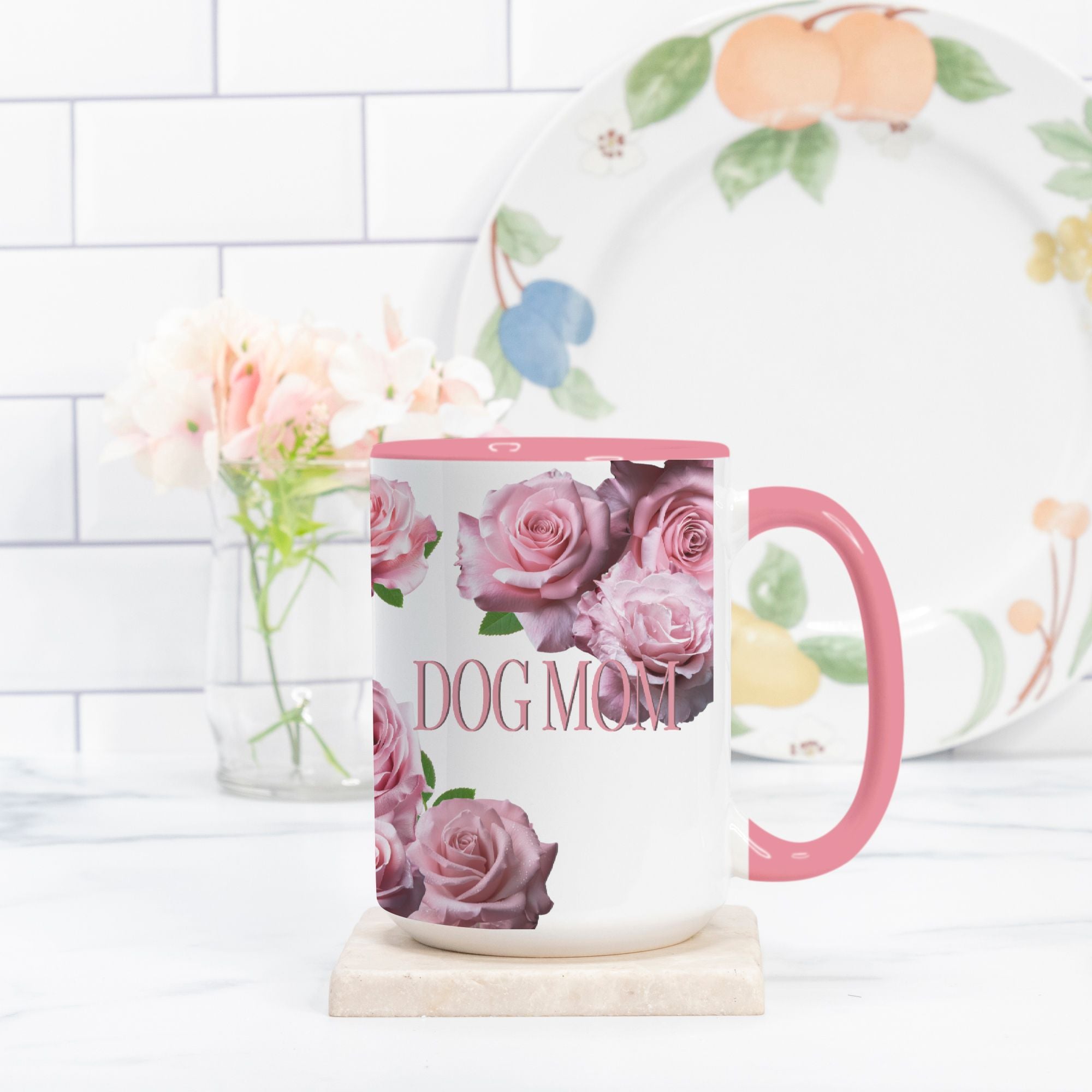 Dog Mom Pink Rose Two-Tone Ceramic 15 Ounce Ceramic Coffee Mug - dog-mom-mug-two-tone-15oz-pink-white-ceramic-coffee-mug