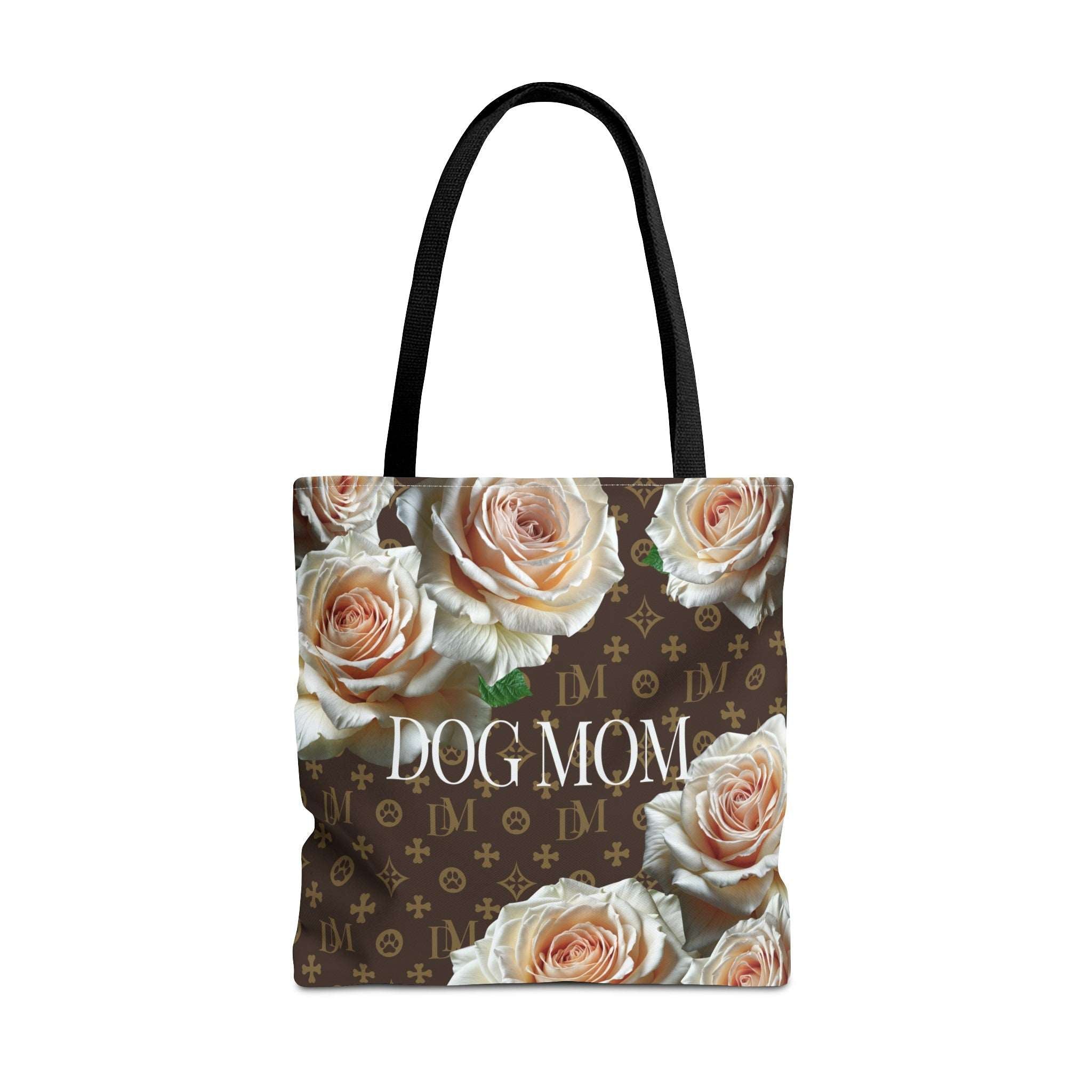 Dog Mom "DM" Signature Motif Champagne Rose Market Tote Bag - dog-mom-dm-signature-motif-champagne-white-rose-tote-bag