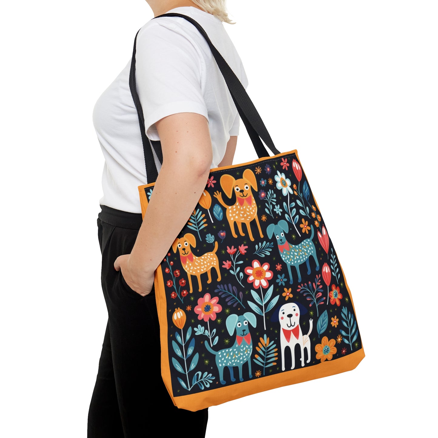 Icons | Flowers & Dogs | Orange Fabric | Tote Bag - Pup Culture Designs