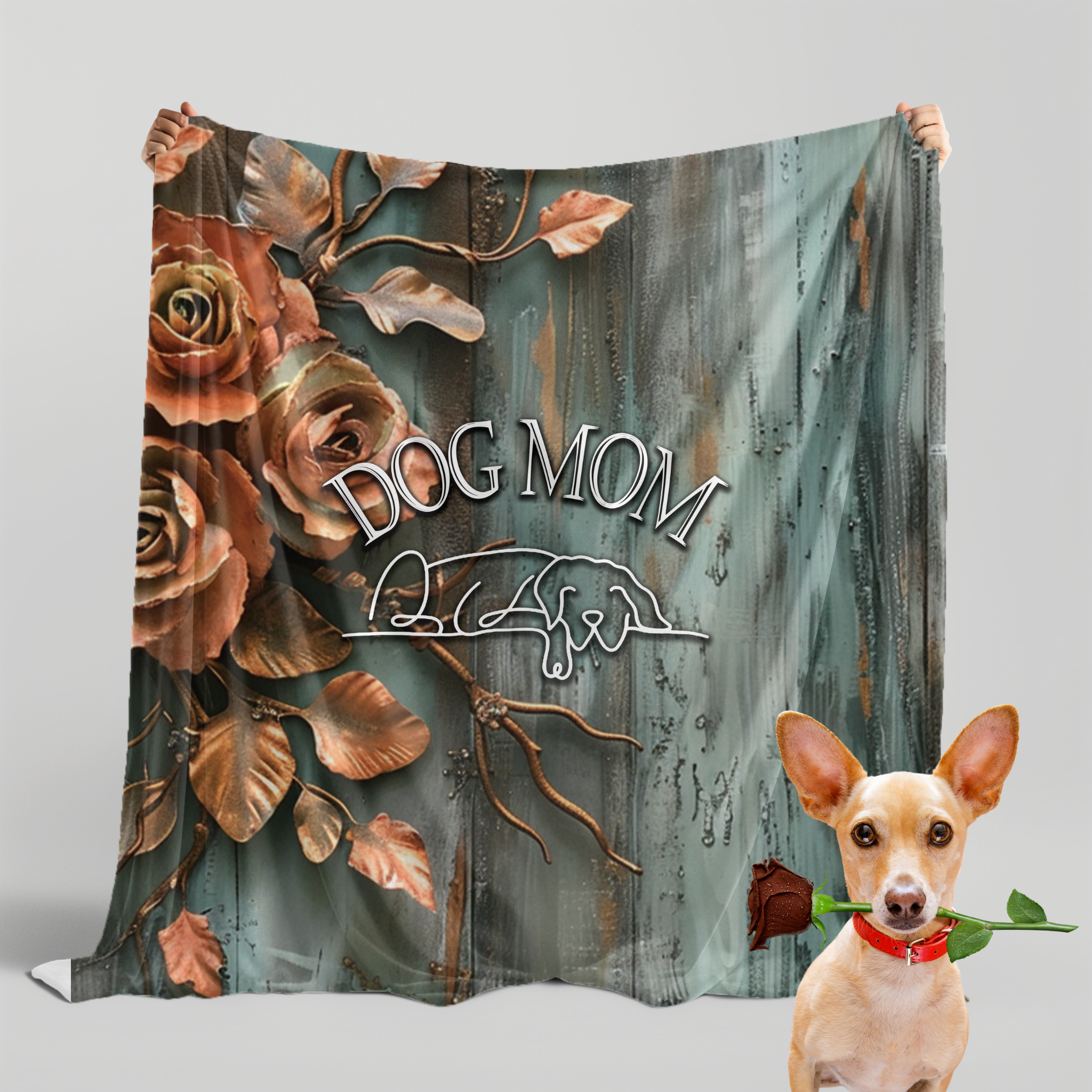 Farmhouse Patina Rose Dog Mom Premium Sherpa Blanket - farmhouse-rustic-dogmom-pink-rose-sherpa-blanket