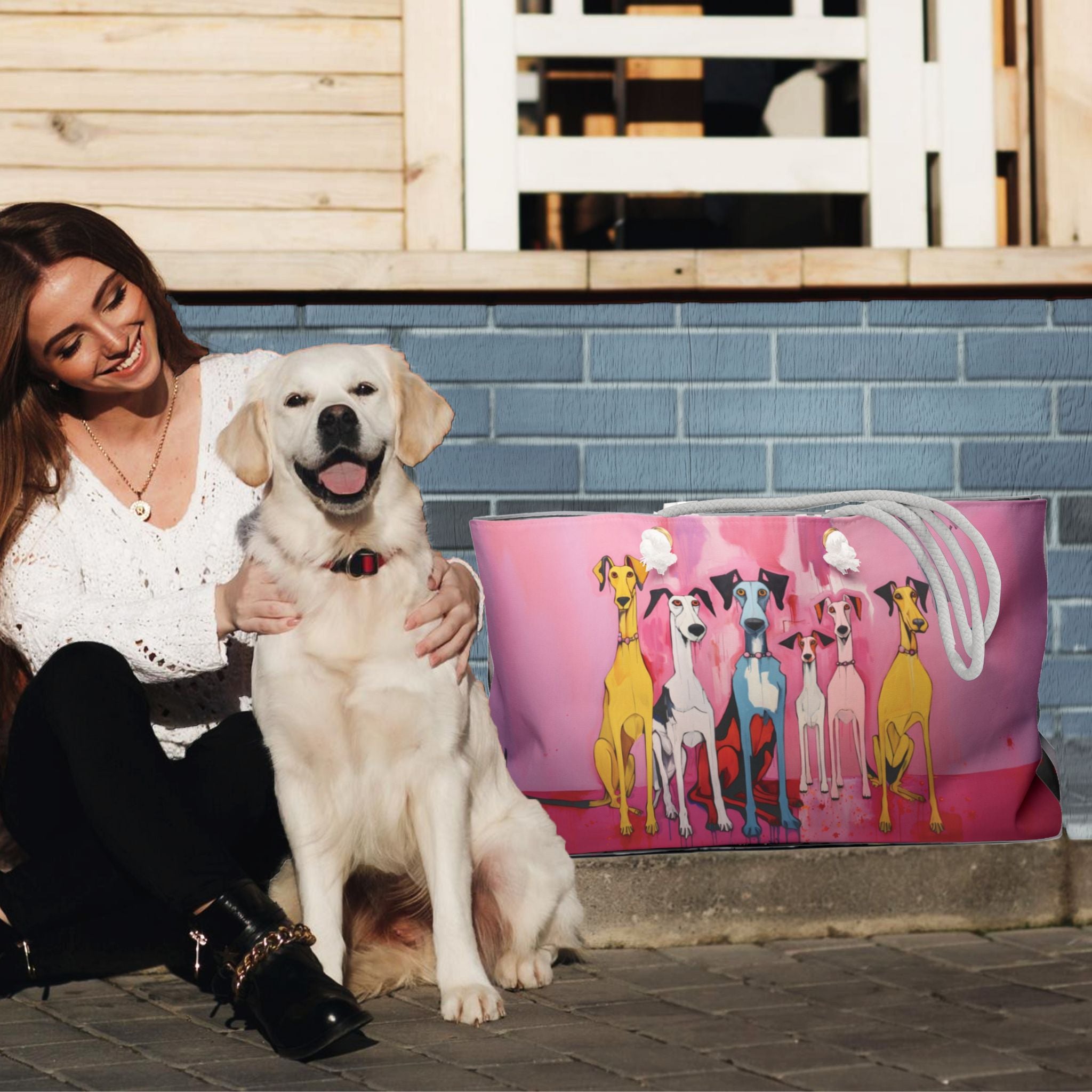Pack in Pink Dog Art Original Design Wide Weekender Tote Bag - pack-pink-dog-art-original-design-wide-weekender-tote-bag
