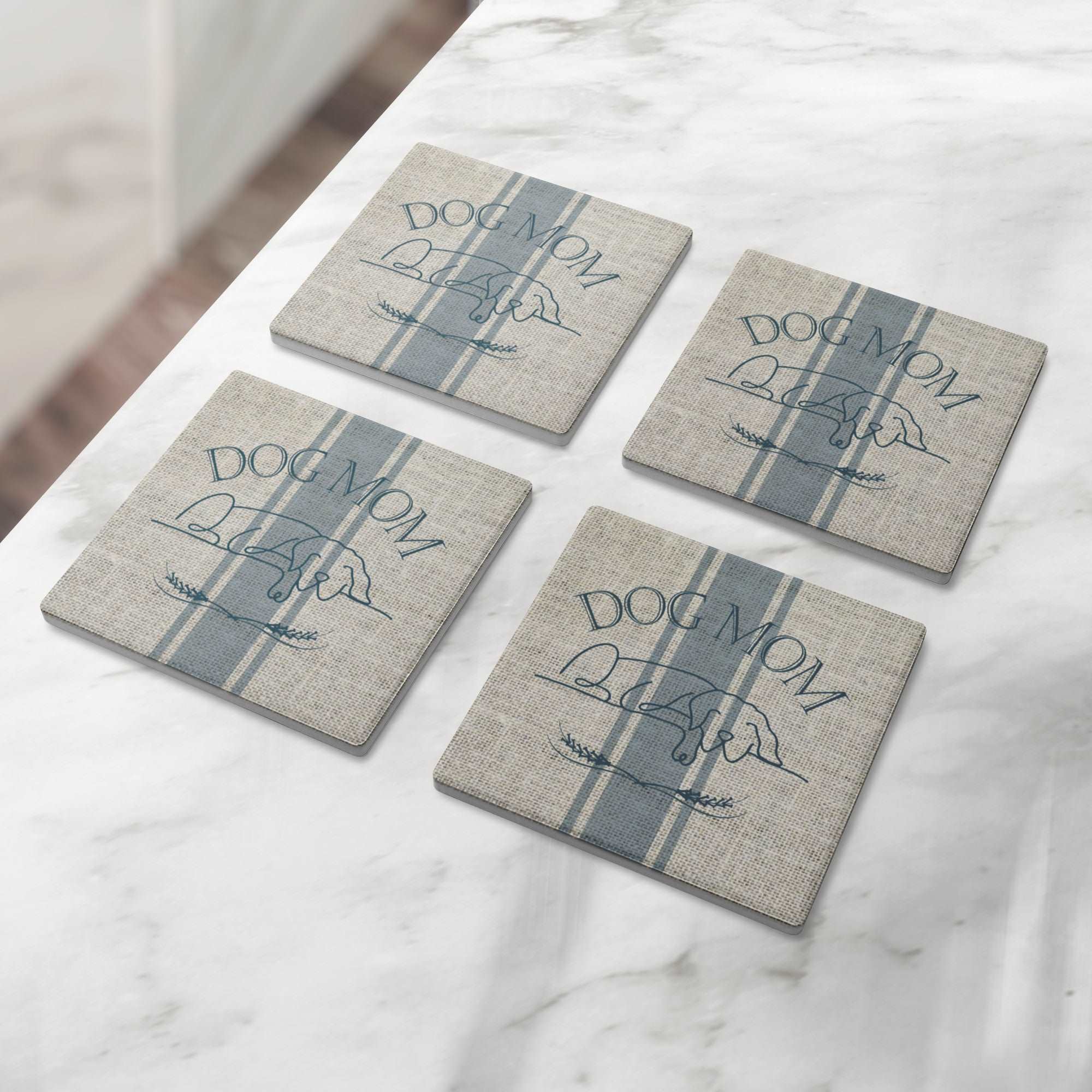 Dog Mom Farmhouse Grain Sack Design Stone Coaster Set - dog-mom-farmhouse-grain-sack-design-stone-coaster-set