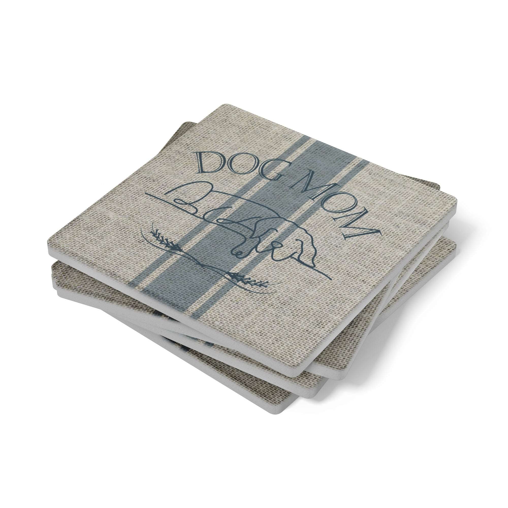 Dog Mom Farmhouse Grain Sack Design Stone Coaster Set - dog-mom-farmhouse-grain-sack-design-stone-coaster-set