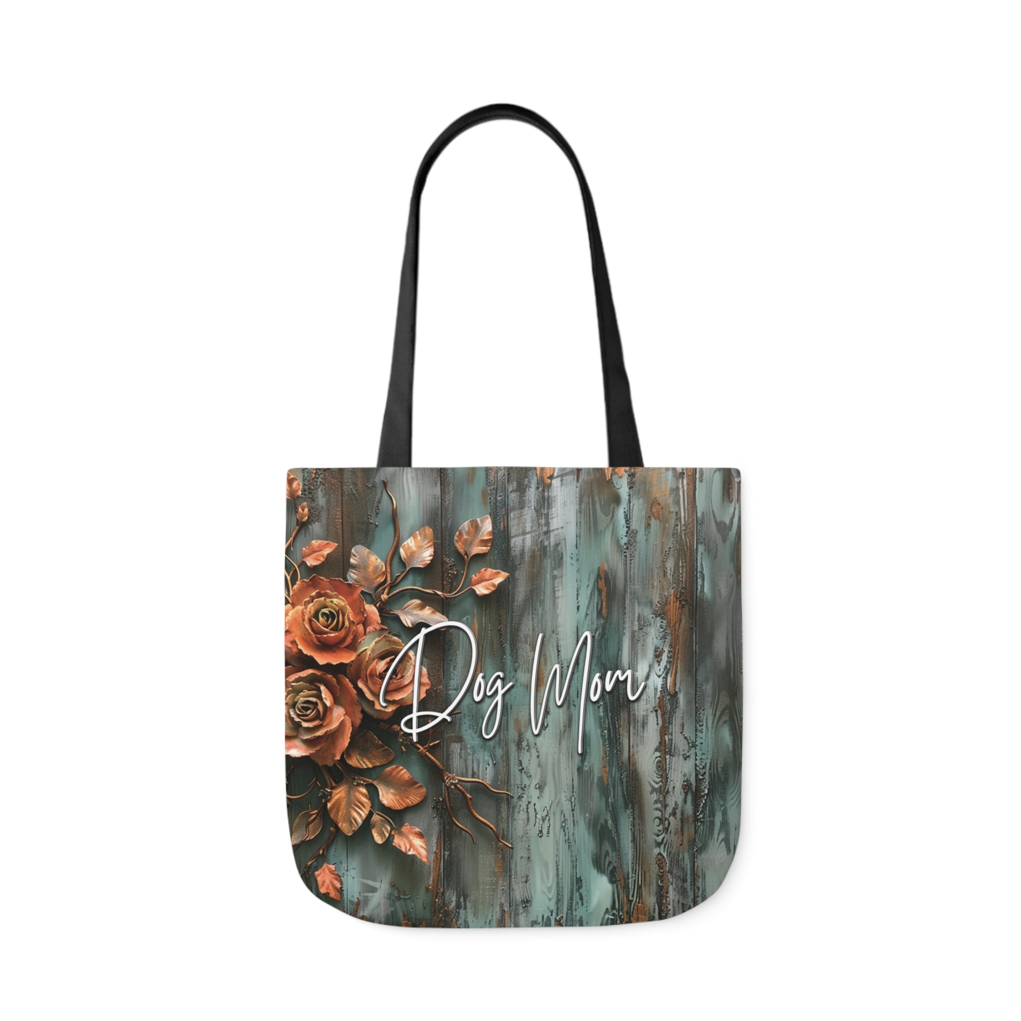 Farmhouse Patina Dog Mom Rose Tote in Poly or Canvas - farmhouse-rustic-dogmom-patina-copper-rose-tote-bag