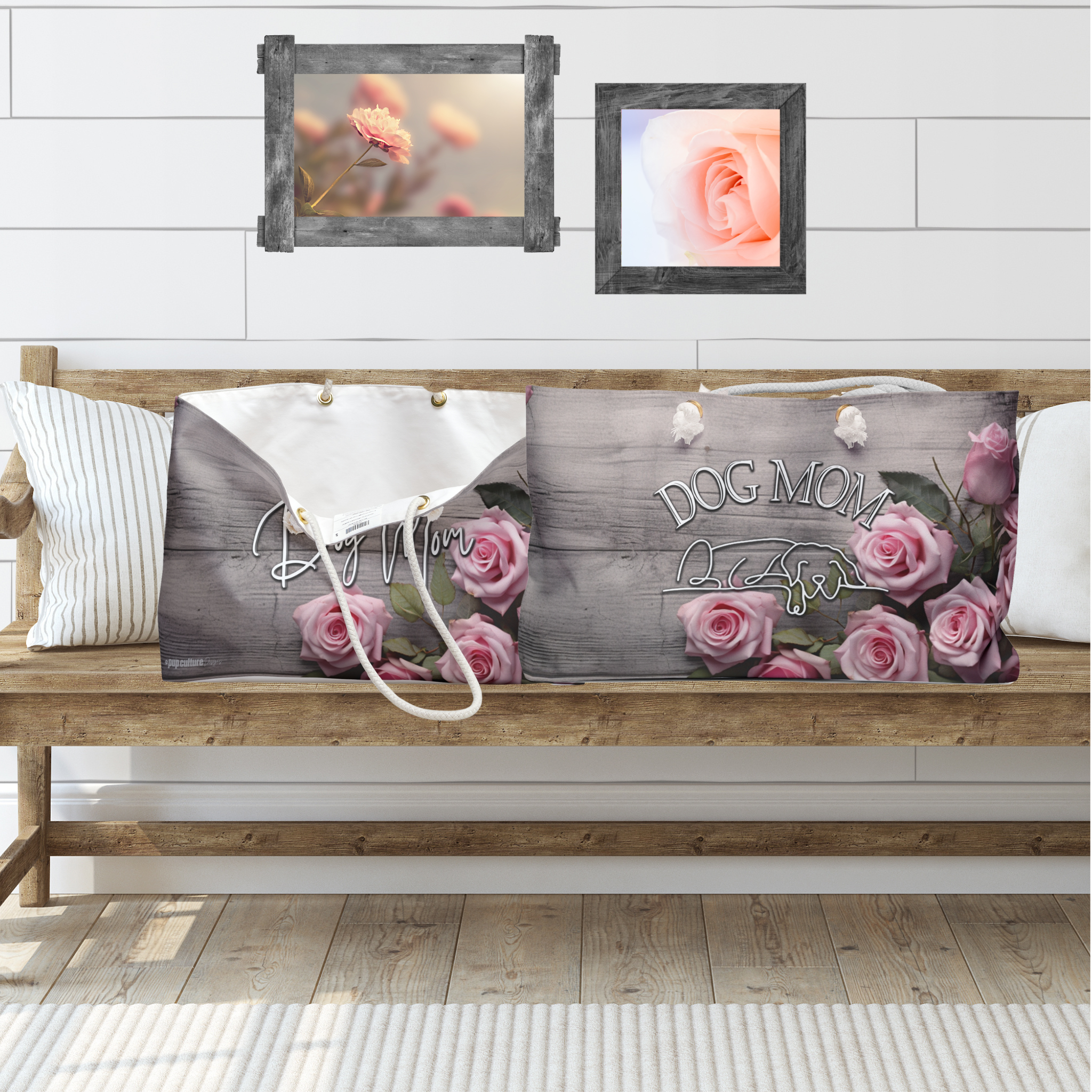 Farmhouse Rustic Pink Rose Dog Mom Weekender Large Tote - pink-rose-farmhouse-dog-mom-weekender-tote