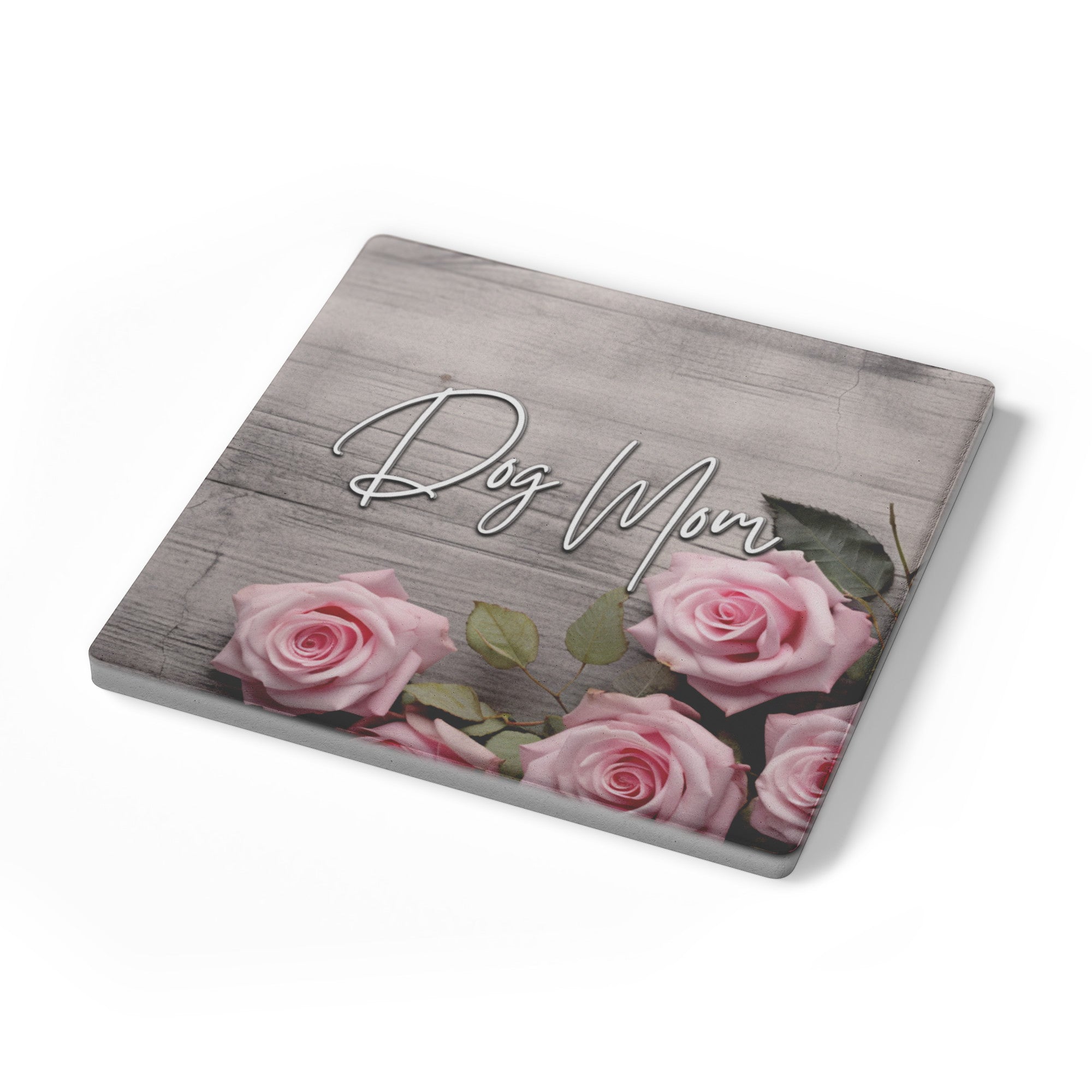 Farmhouse Rustic Pink Rose DOG MOM Stone Coaster Set - farmhouse-rustic-rose-stone-coasters-1