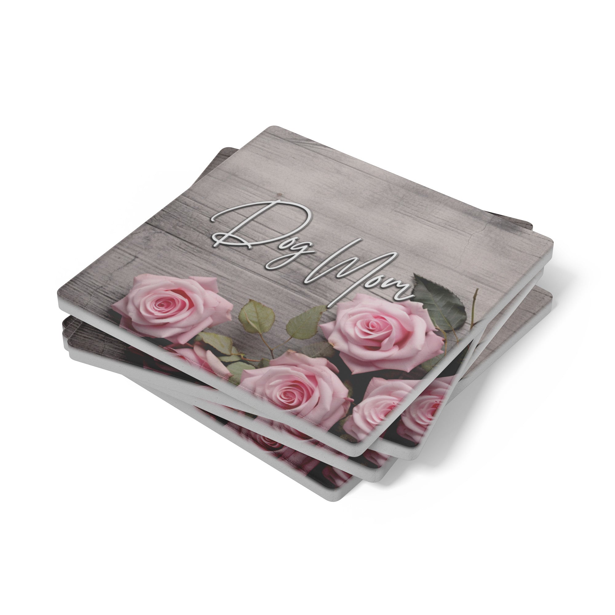 Farmhouse Rustic Pink Rose DOG MOM Stone Coaster Set - farmhouse-rustic-rose-stone-coasters-1