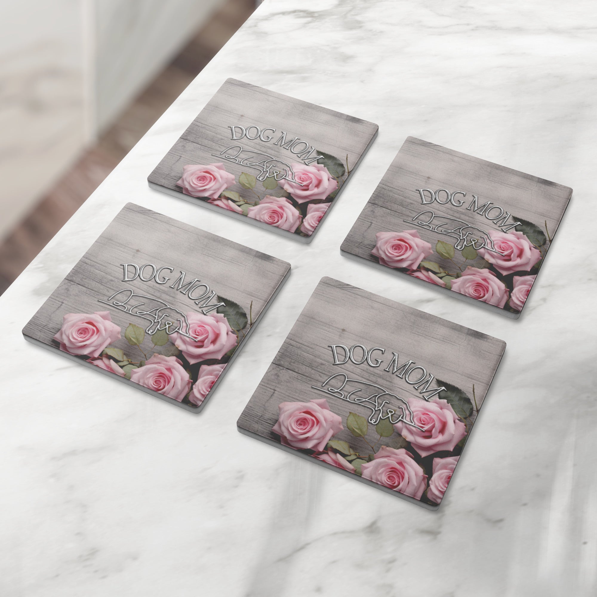Farmhouse Rustic Pink Rose DOG MOM Stone Coaster Set - farmhouse-rustic-rose-stone-coasters-1