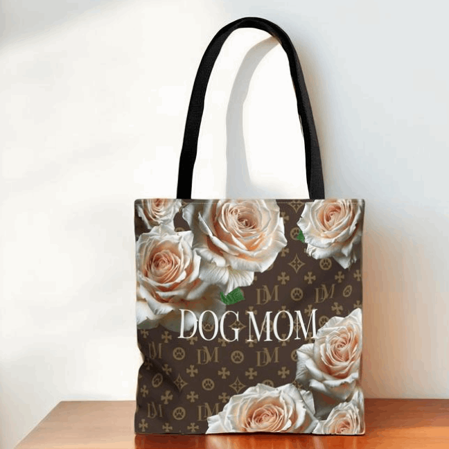 Dog Mom "DM" Signature Motif Champagne Rose Market Tote Bag - dog-mom-dm-signature-motif-champagne-white-rose-tote-bag