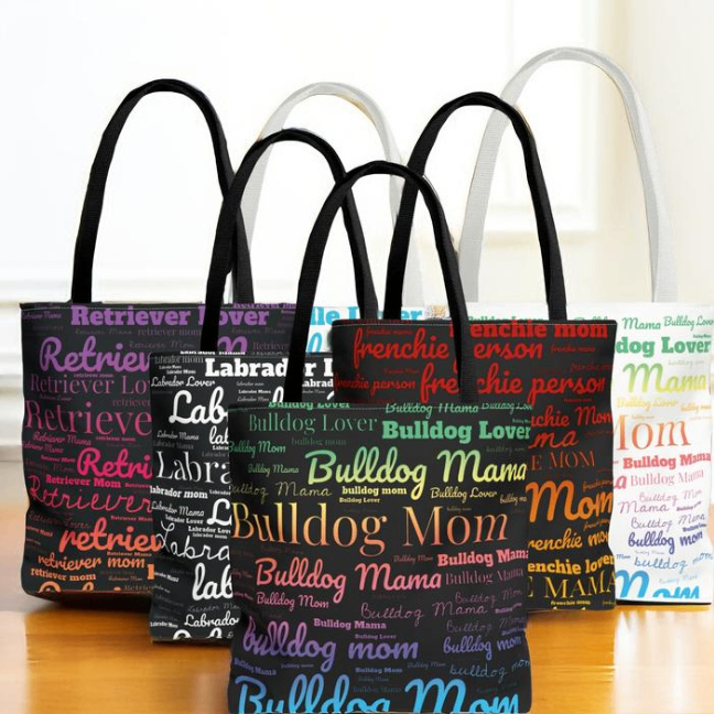 YOUR CHOICE OF Breed or Mix Dog Mom Pride Word Art Tote - custom-dog-breed-pride-ombre-canvas-tote