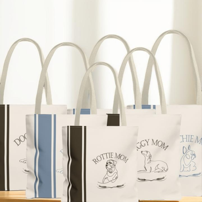YOUR CHOICE OF BREED Dog Mom Line Art Farmhouse Stripe Design Tote - your-choice-of-breed-dog-mom-farmhouse-stripe-design-tote-bag