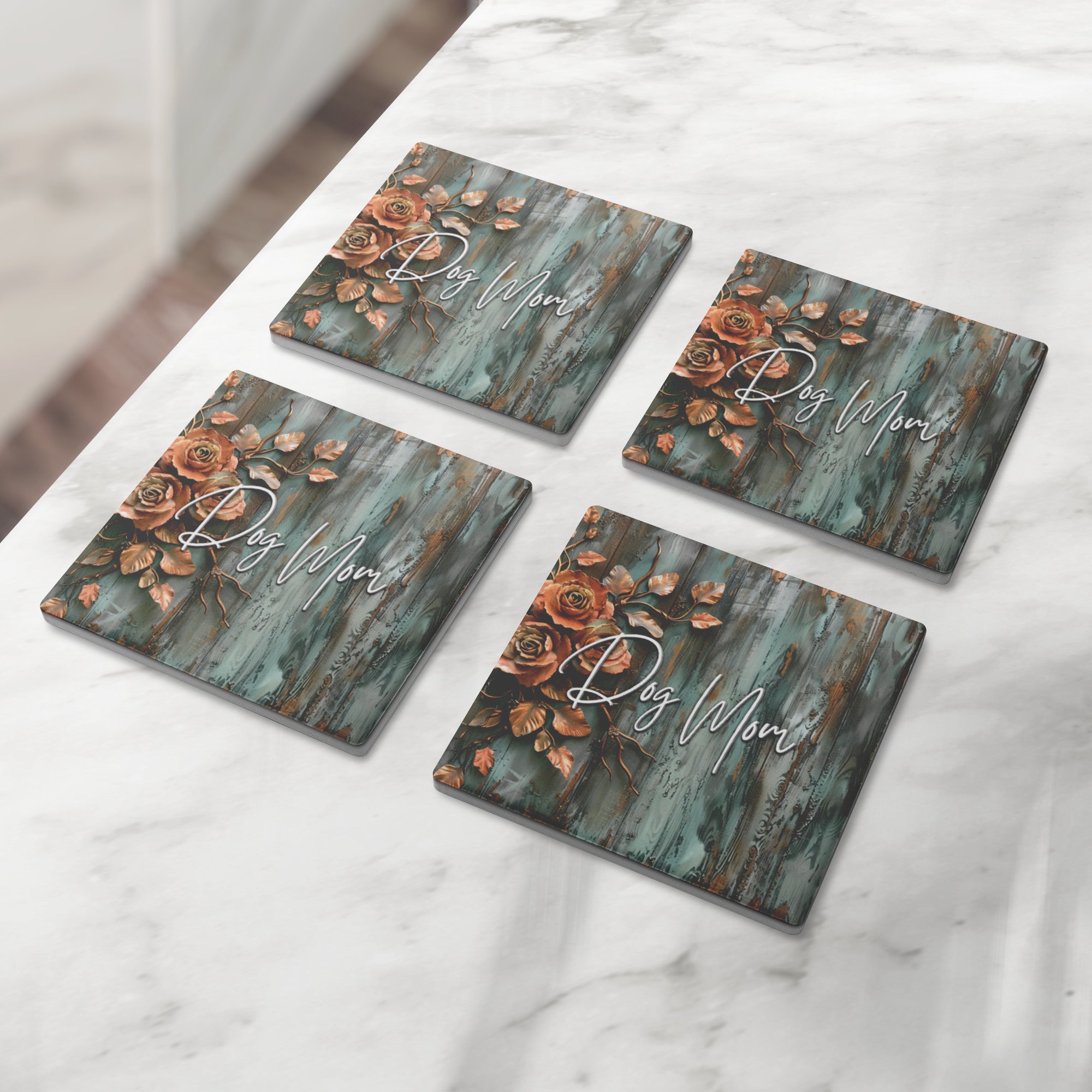 Farmhouse Patina Rose DOG MOM Stone Coaster Set - farmhouse-patina-rose-stone-coasters
