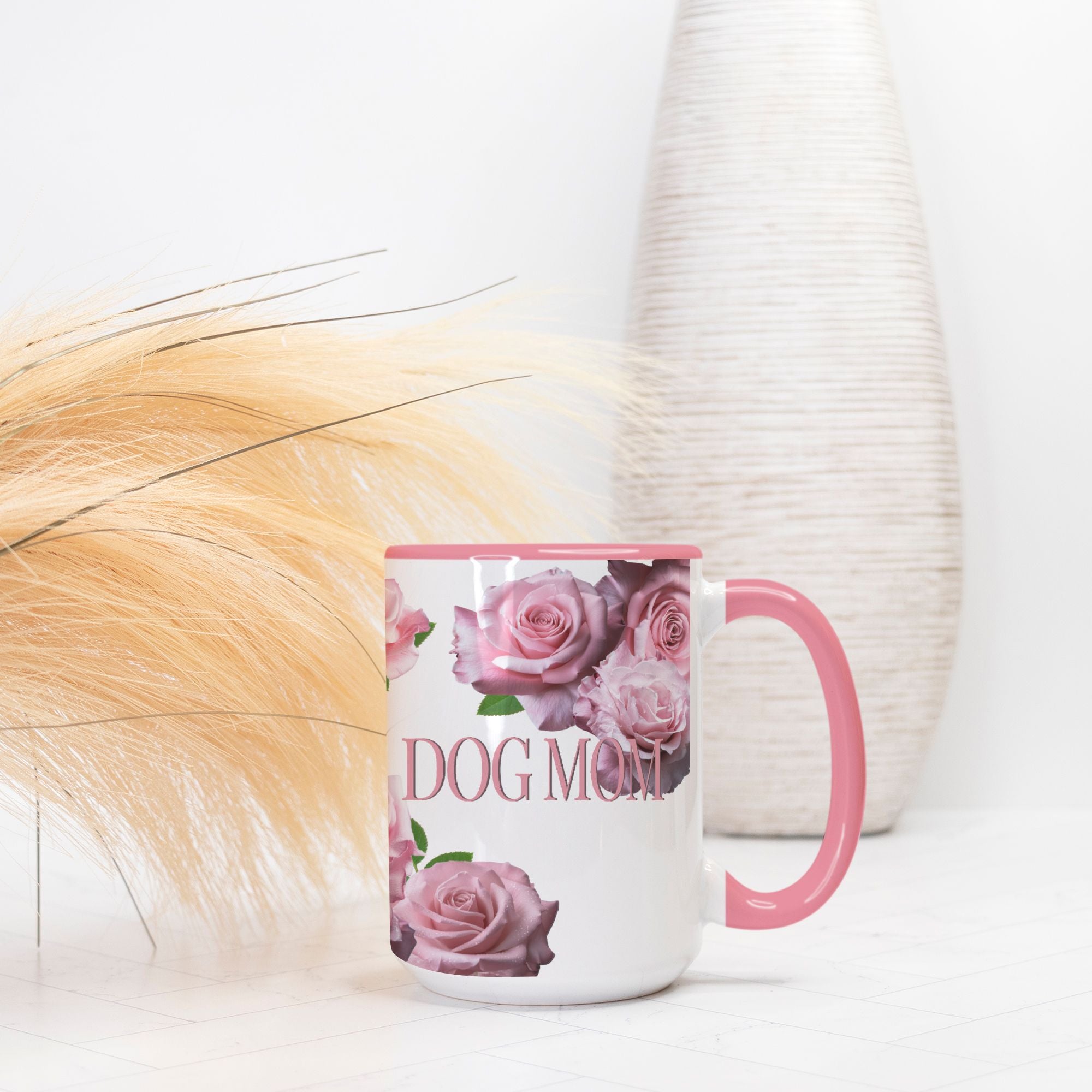 Dog Mom Pink Rose Two-Tone Ceramic 15 Ounce Ceramic Coffee Mug - dog-mom-mug-two-tone-15oz-pink-white-ceramic-coffee-mug