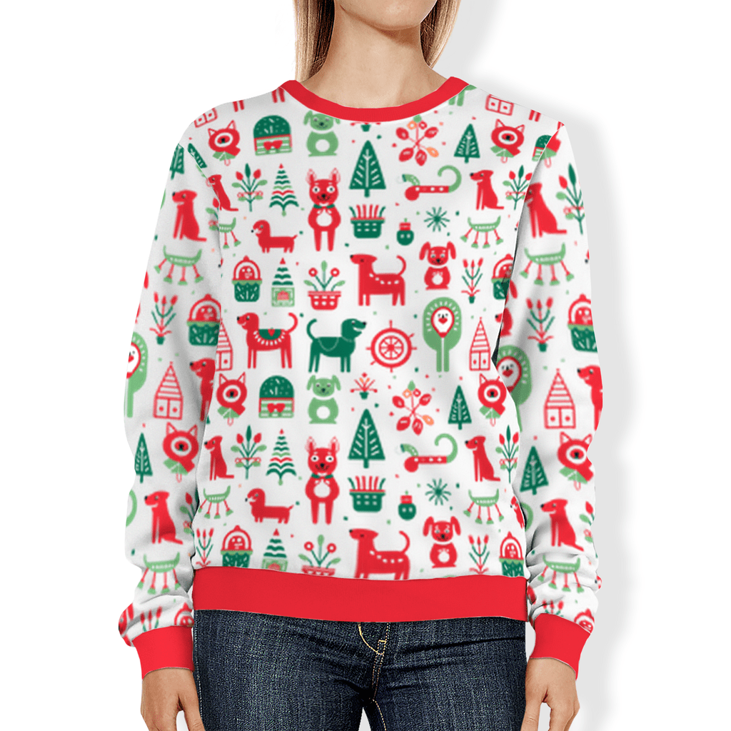 Whimsical Red and Green Holiday Dog Icon All Over Print Sweatshirt