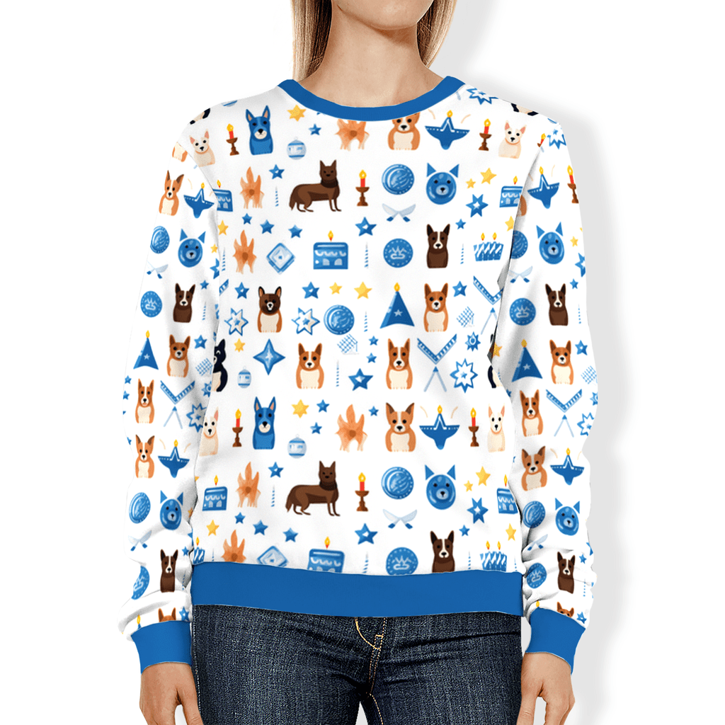 Whimsical Blue and White Chanukah Dog Icon All Over Print Sweatshirt