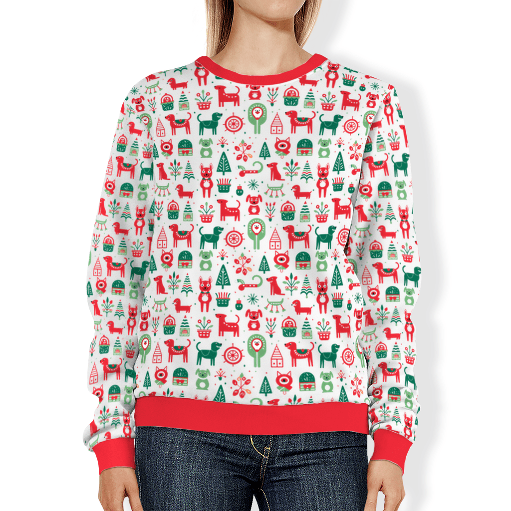 Whimsical Red and Green Holiday Dog Icon All Over Print Sweatshirt