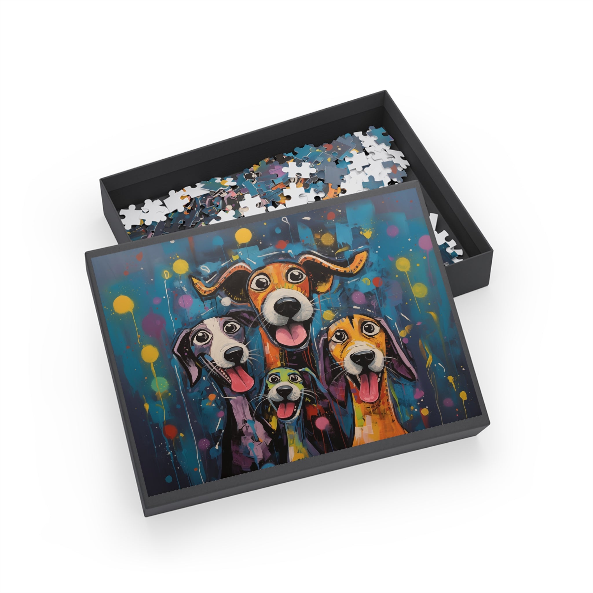 Dinner Time Happy Whimsical Original Dog Art Jigsaw Puzzle + Matching Gift Box - dinner-time-happy-funny-dog-puzzle-96-252-500-1000-piece