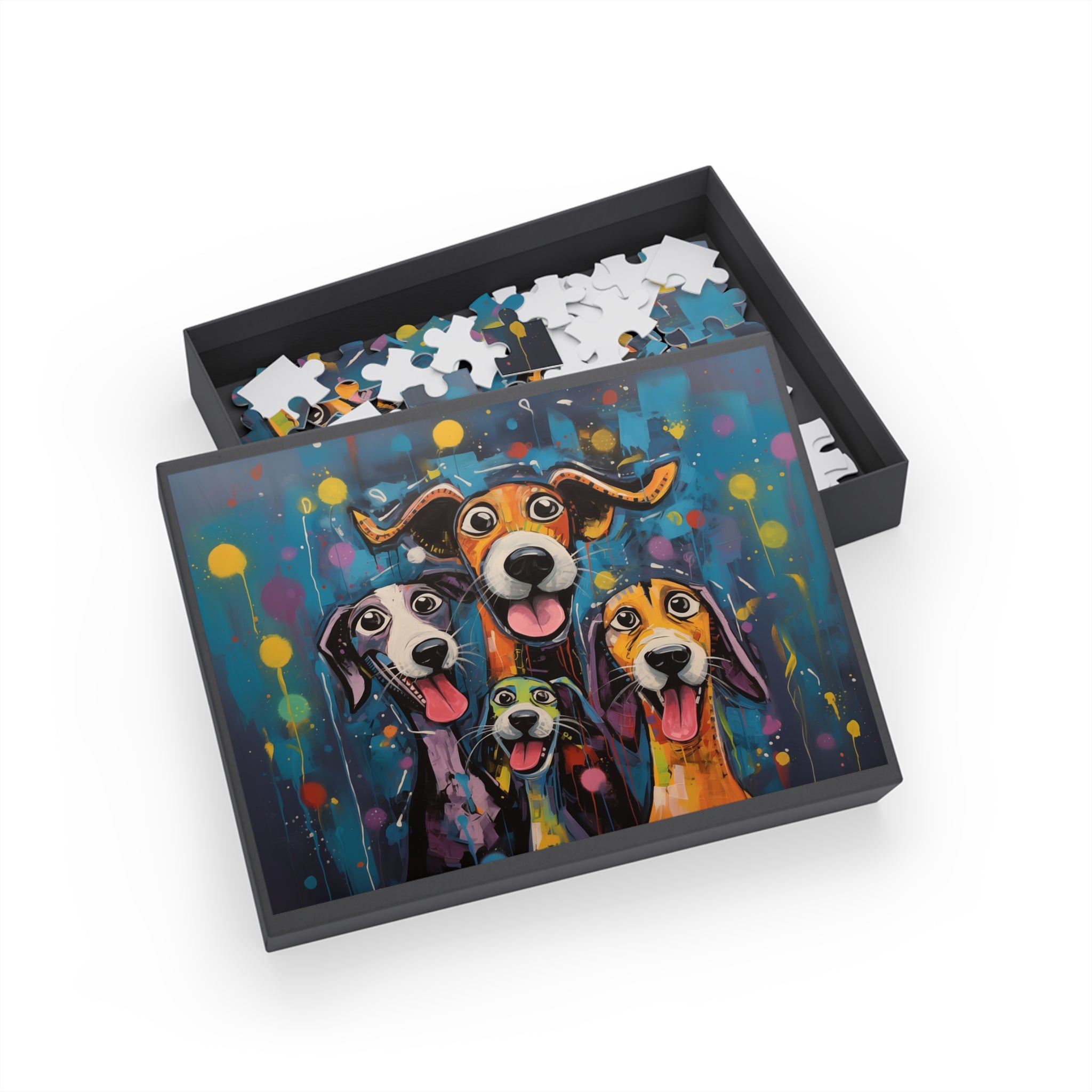 Dinner Time Happy Whimsical Original Dog Art Jigsaw Puzzle + Matching Gift Box - dinner-time-happy-funny-dog-puzzle-96-252-500-1000-piece