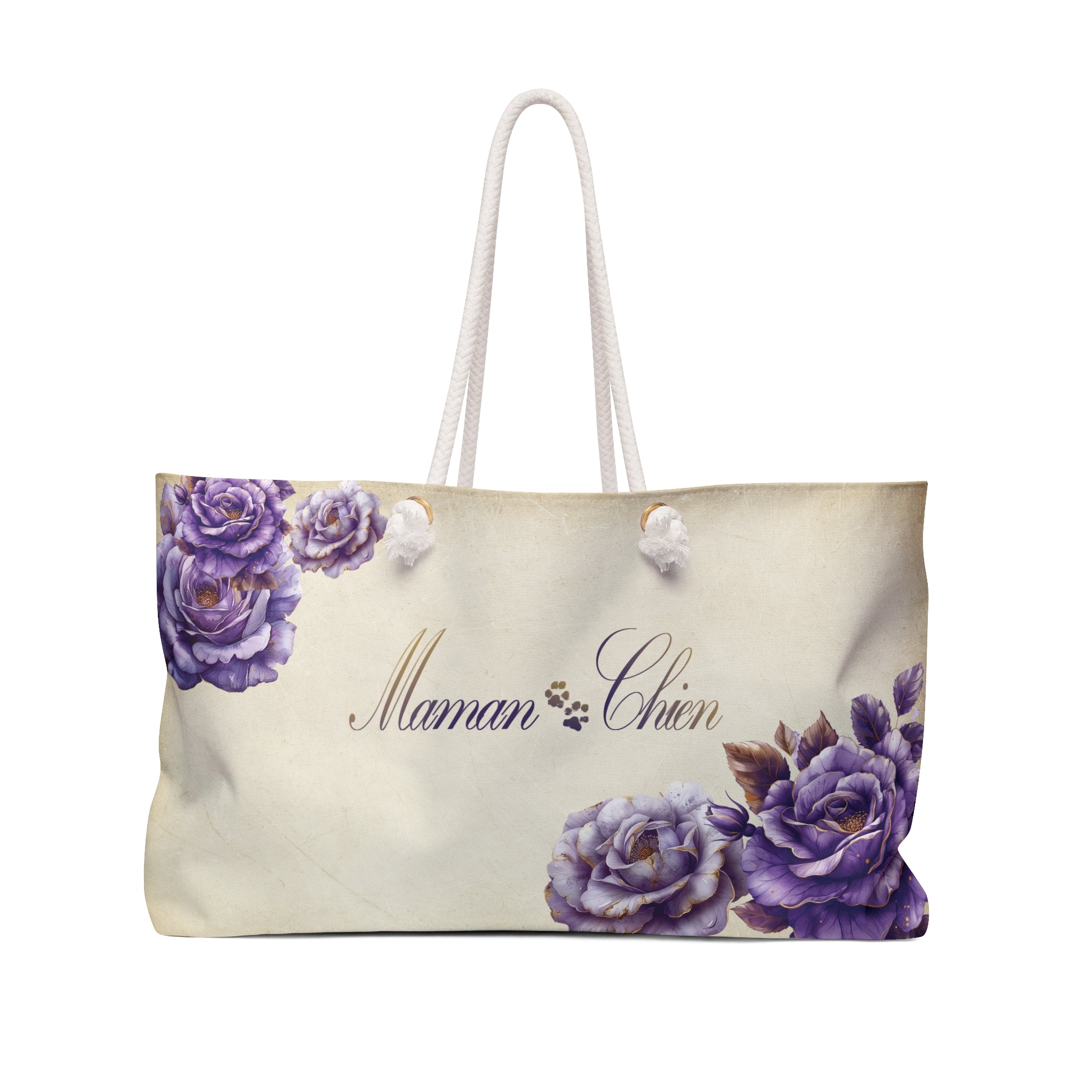 Maman Chien [Dog Mom in French] Lavender Rose Dog Mom Flower Weekender Tote - maman-chien-dog-mom-in-french-lavender-rose-dog-mom-weekender