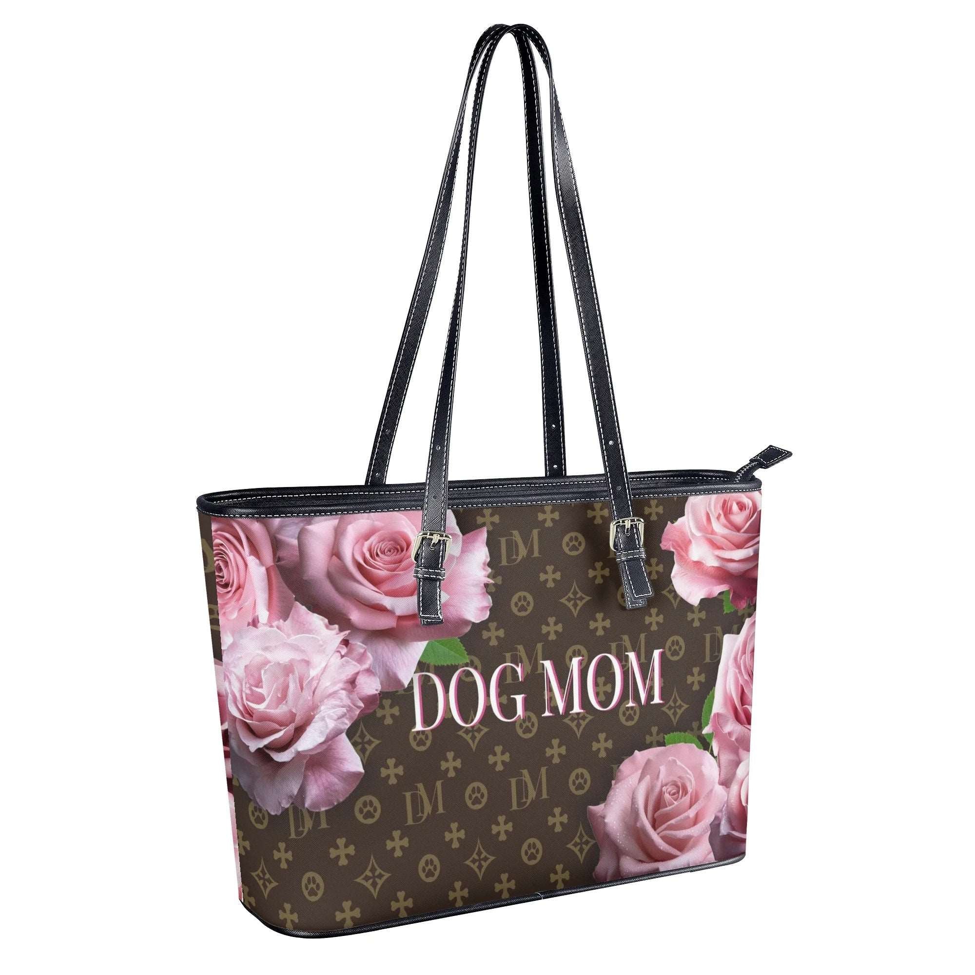 DM Dog Mom Motif & Pink Rose Durable Faux Leather Floral Handbag - dm-dog-mom-motif-pink-rose-durable-faux-leather-floral-handbag