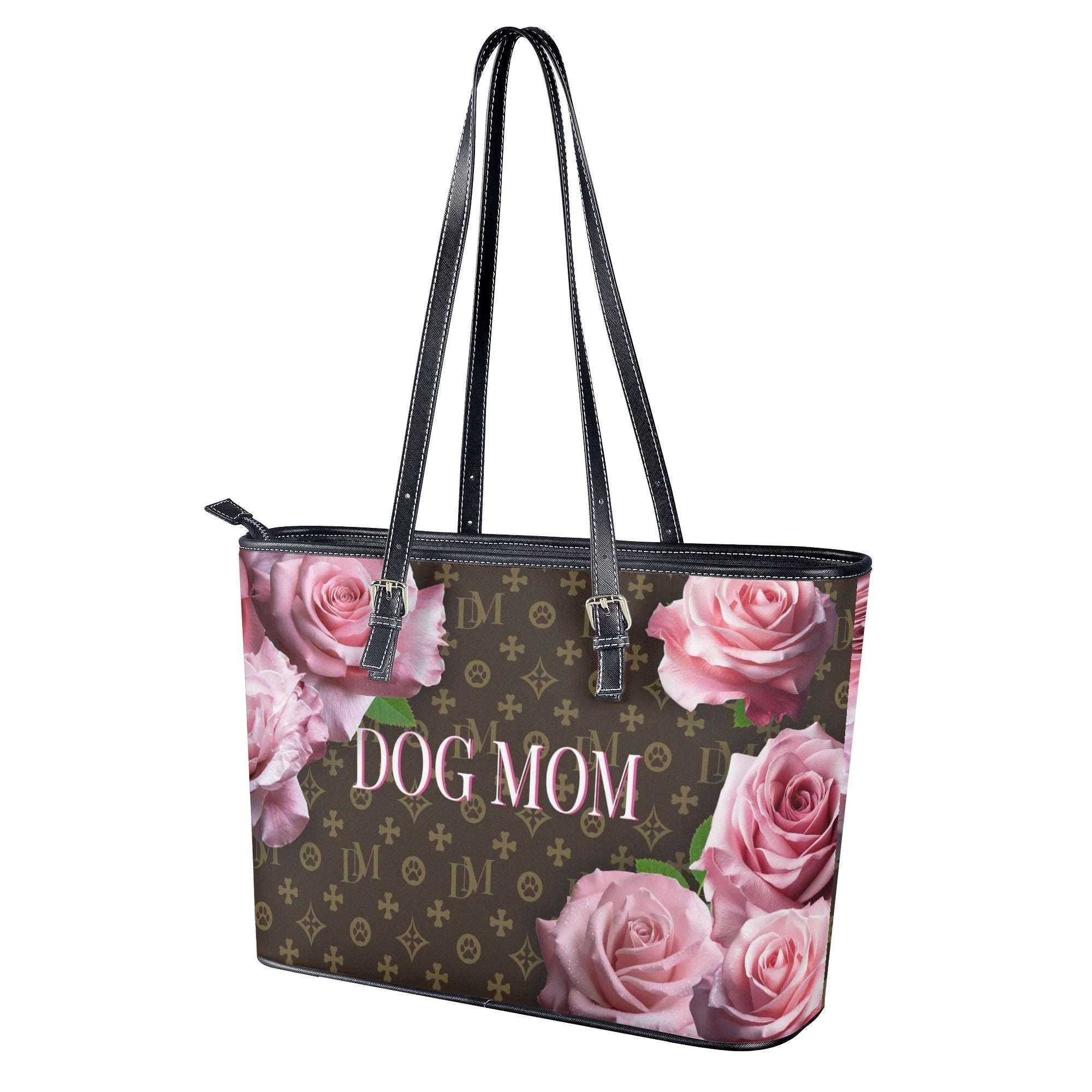 DM Dog Mom Motif & Pink Rose Durable Faux Leather Floral Handbag - dm-dog-mom-motif-pink-rose-durable-faux-leather-floral-handbag