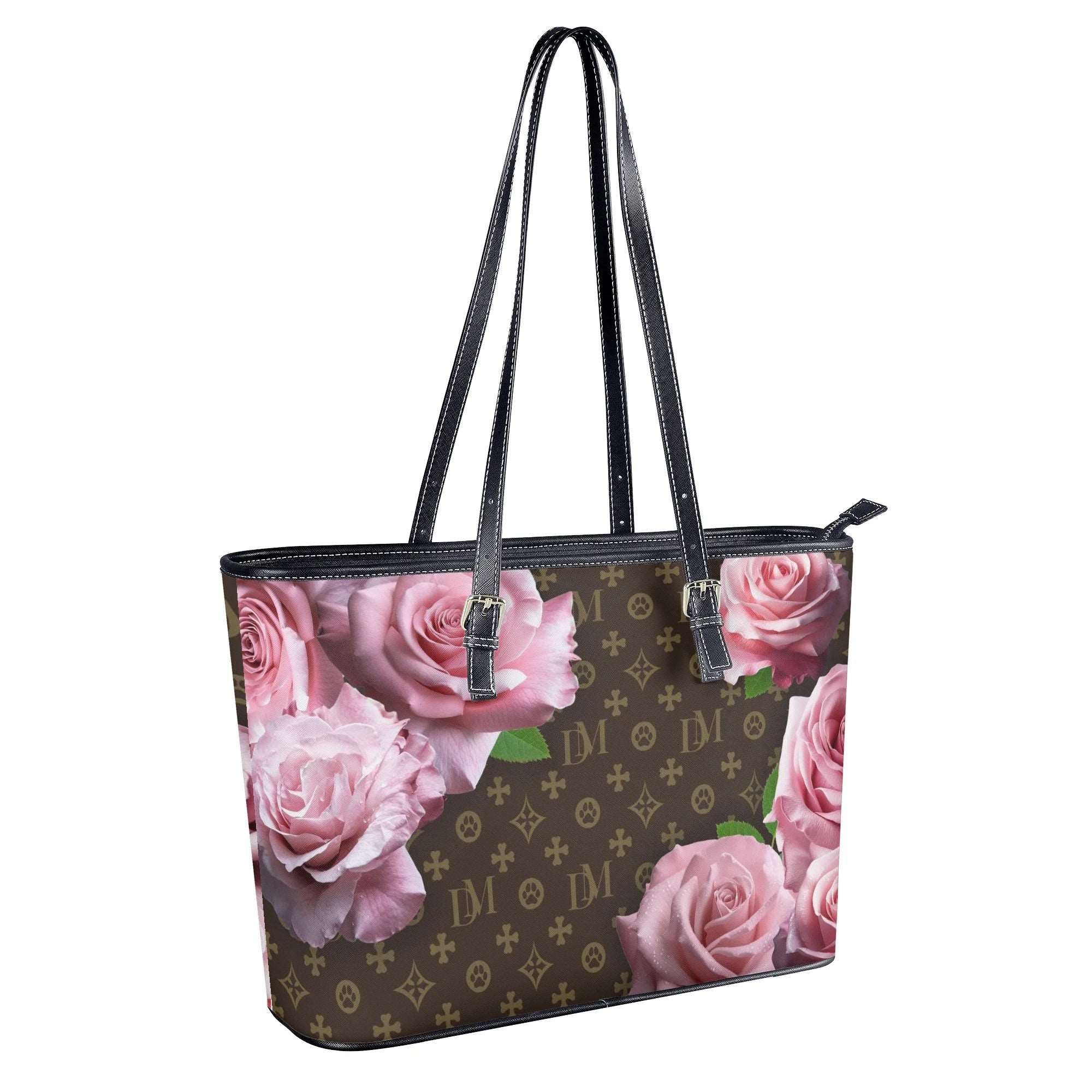 DM Dog Mom Motif & Pink Rose Durable Faux Leather Floral Handbag - dm-dog-mom-motif-pink-rose-durable-faux-leather-floral-handbag