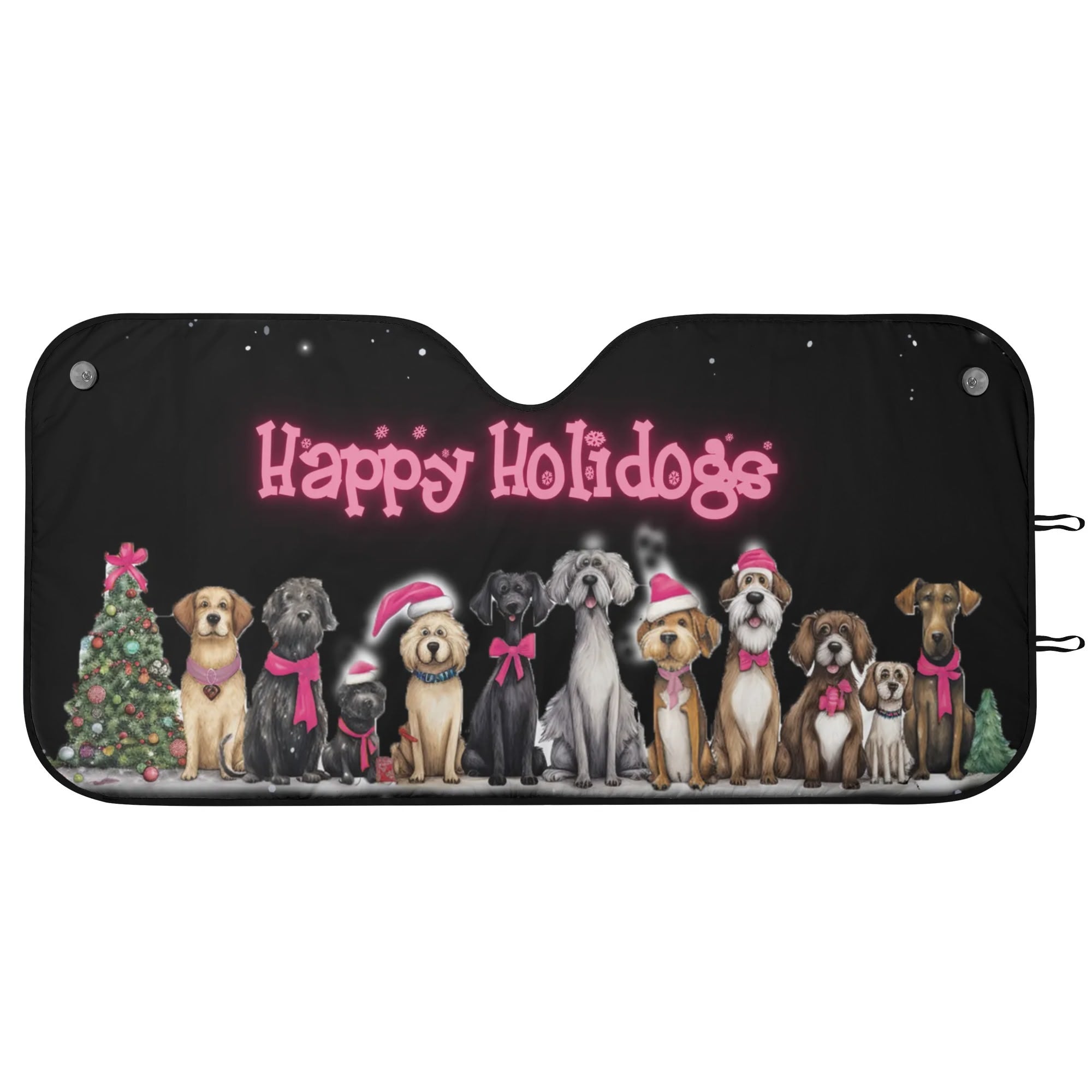 Happy Holidogs Pink Accent Dog Art Whimsical Holiday Dog Art Sun Shade - car-sunshade-1