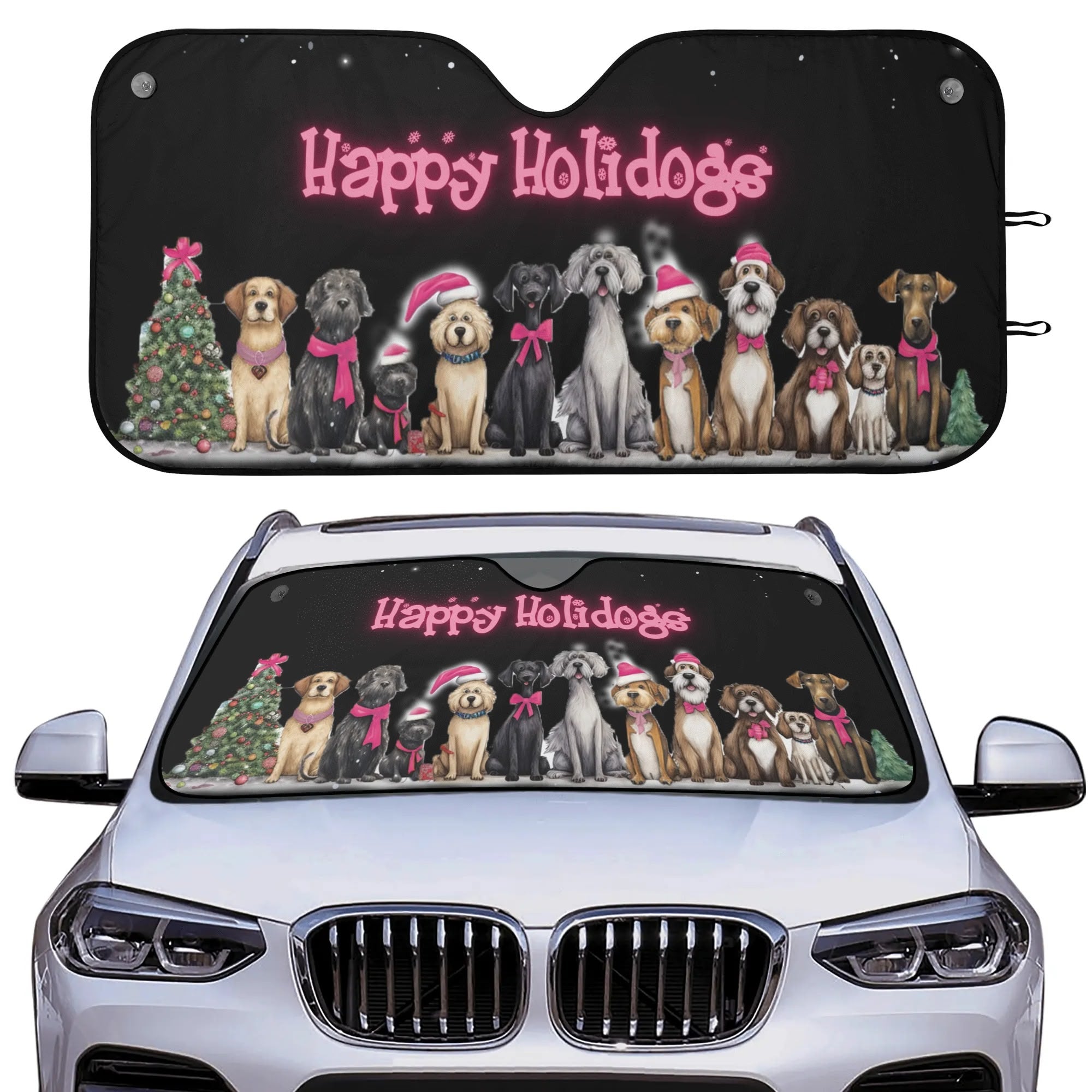 Happy Holidogs Pink Accent Dog Art Whimsical Holiday Dog Art Sun Shade - car-sunshade-1