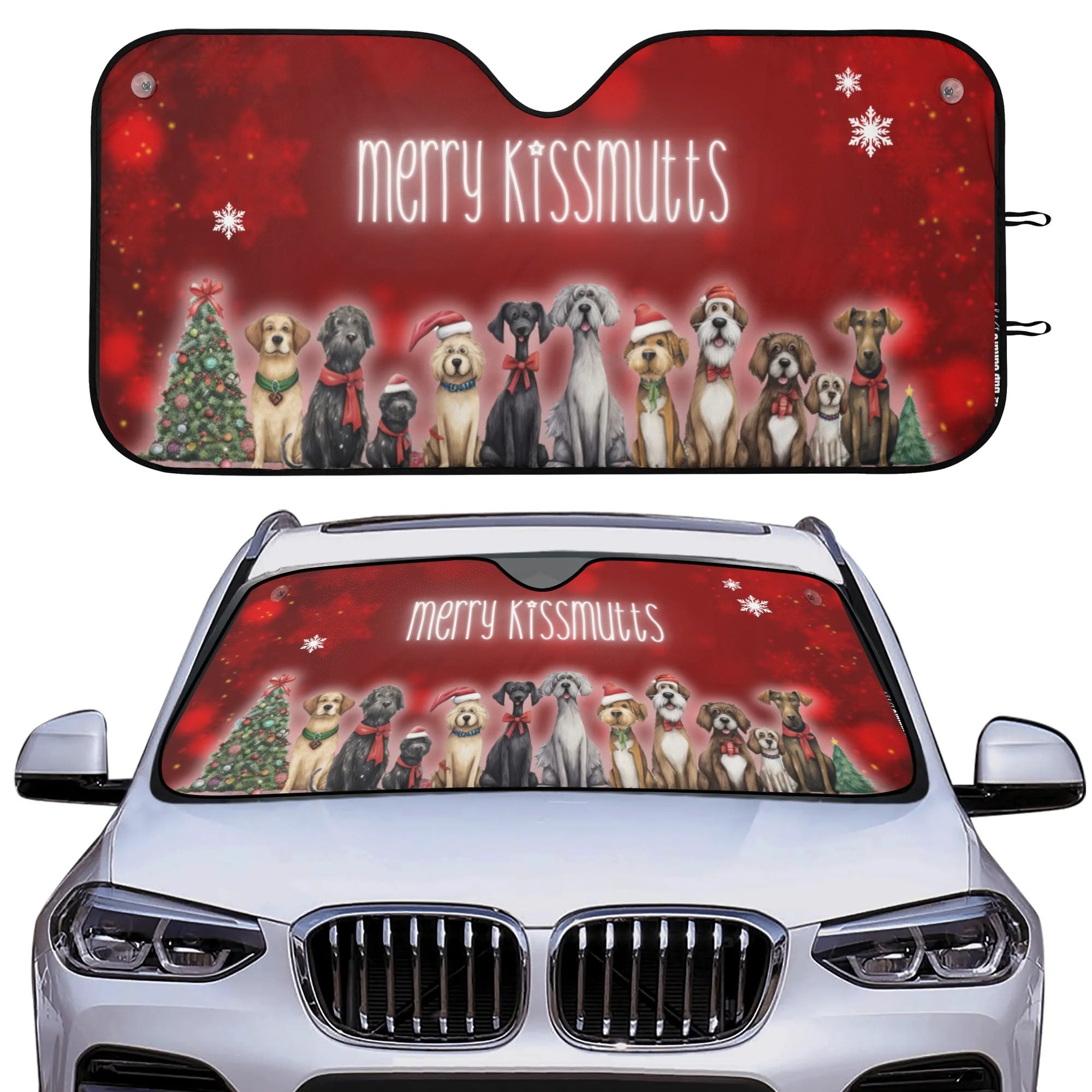 Merry KissMutts Whimsical Dog Art Red Holiday Car Sun Shade - car-sunshade-3