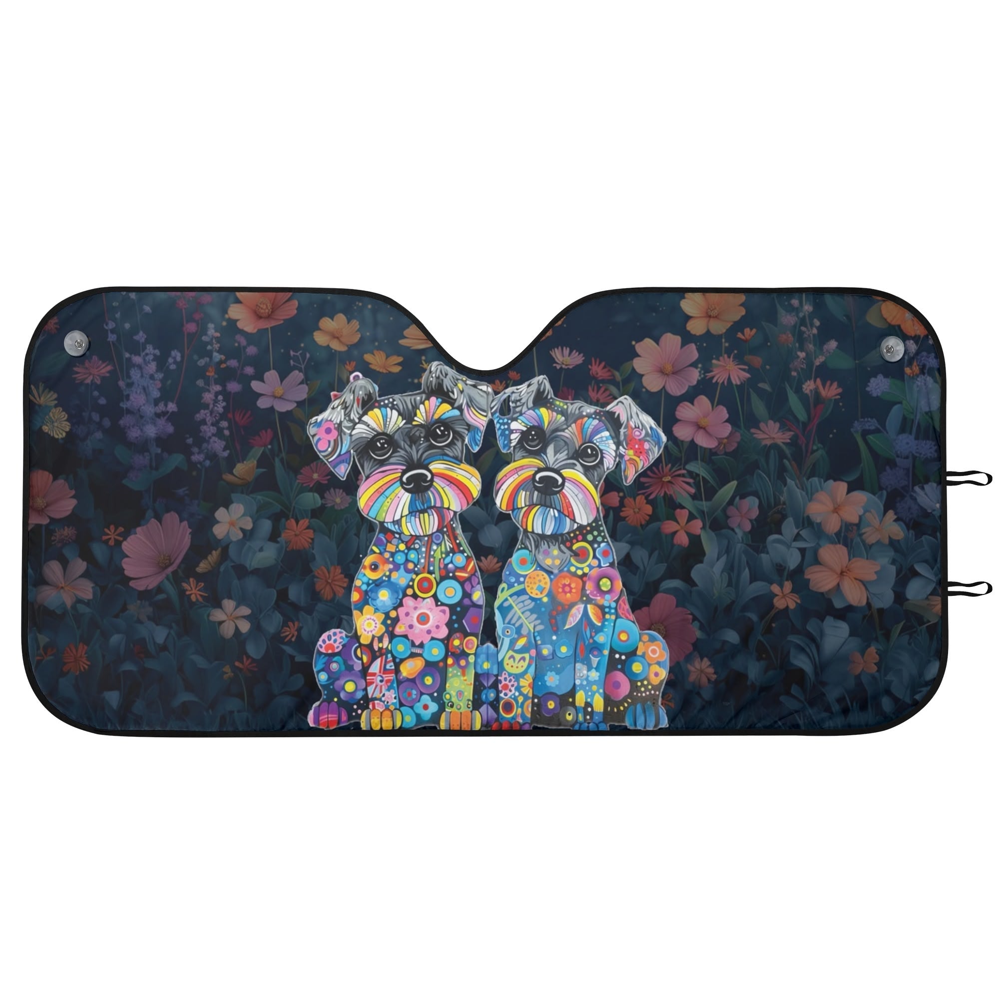 Colorful Whimsical Schnauzer Floral Dog Art Car Sun Shade - colorful-floral-mini-schnauzer-dog-art-car-sun-shade