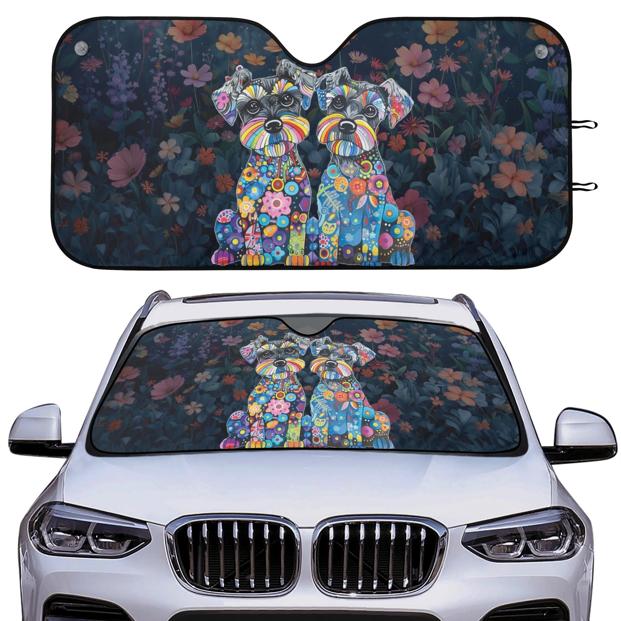 Colorful Whimsical Schnauzer Floral Dog Art Car Sun Shade - colorful-floral-mini-schnauzer-dog-art-car-sun-shade