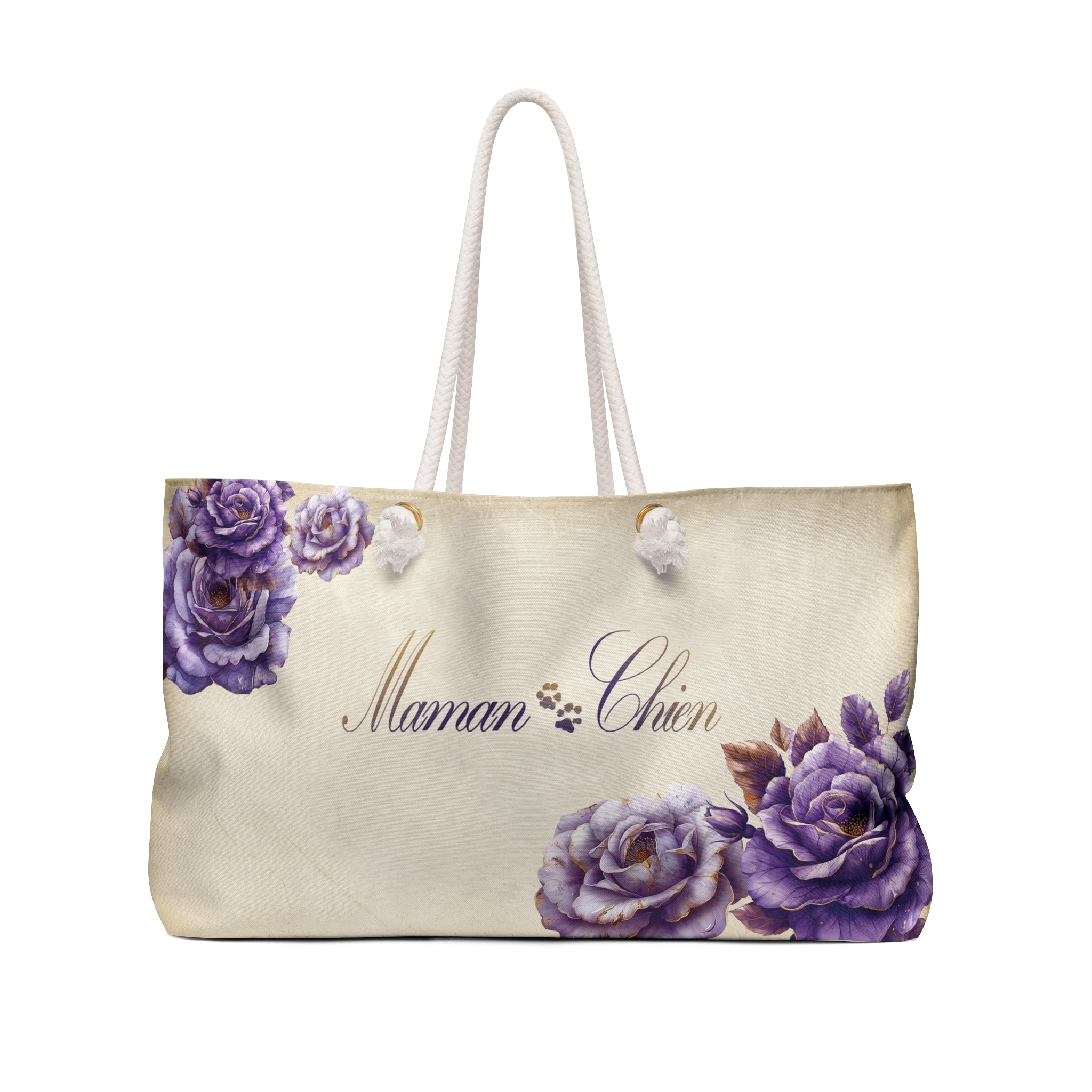 Maman Chien [Dog Mom in French] Lavender Rose Dog Mom Flower Weekender Tote - maman-chien-dog-mom-in-french-lavender-rose-dog-mom-weekender