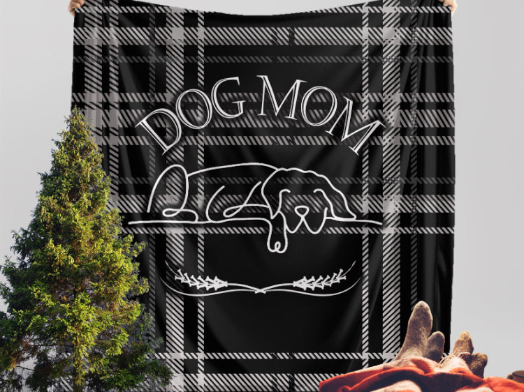 Dog Mom Black Plaid Pattern Cozy Winter Premium Sherpa Blanket - sherpa-fleece-blanket-cozy-farmhouse-plaid-black-white-dogmom-design