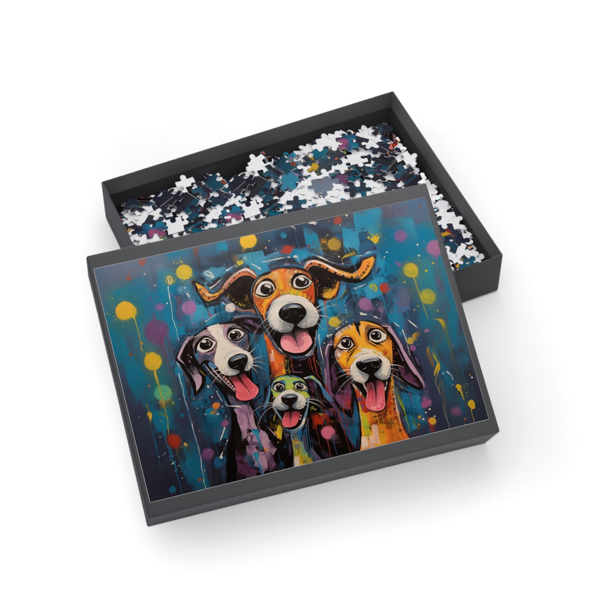 Dinner Time Happy Whimsical Original Dog Art Jigsaw Puzzle + Matching Gift Box - dinner-time-happy-funny-dog-puzzle-96-252-500-1000-piece