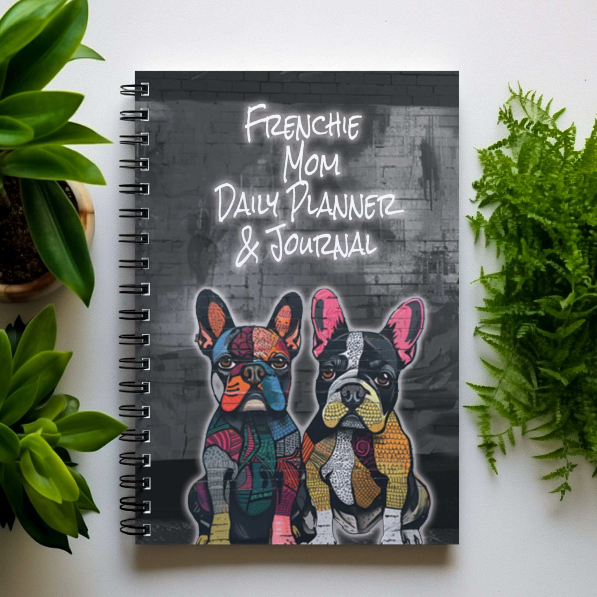 Frenchie Mom Graffiti Dog Art Design Undated 6 Month Daily Planner - 6-month-frenchie-dog-mom-undated-spiral-bound-dog-mom-daily-planner