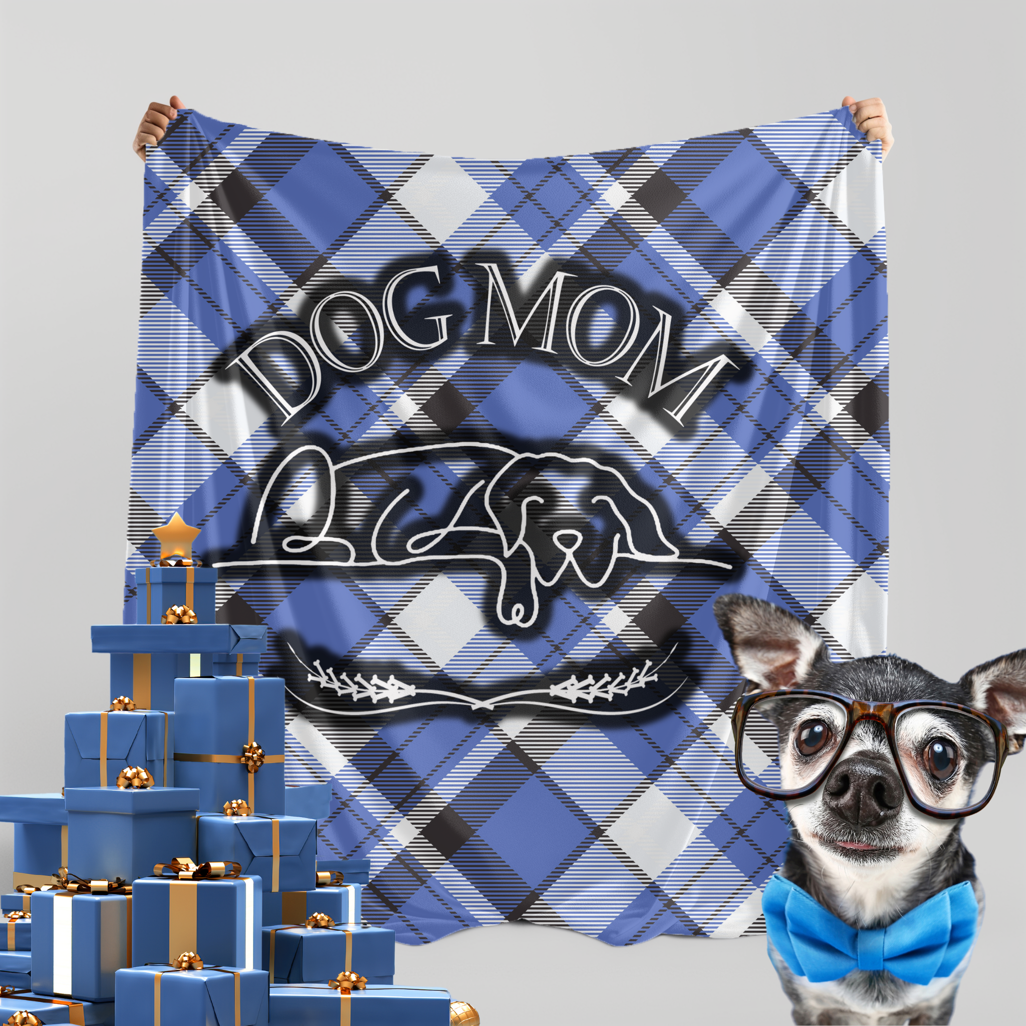 Dog Mom Blue Plaid Pattern Cozy Winter Farmhouse Cottage Style Premium Sherpa Blanket - sherpa-fleece-blanket-cozy-farmhouse-plaid-black-blue-dogmom-design