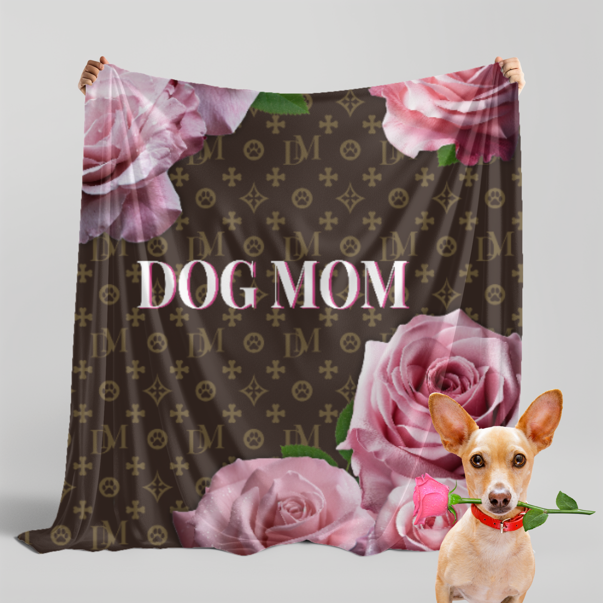 Signature Dog Mom Pink Rose "DM" Motif Premium Sherpa Blanket - dog-mom-dm-pattern-with-pink-roses-sherpa-blanket