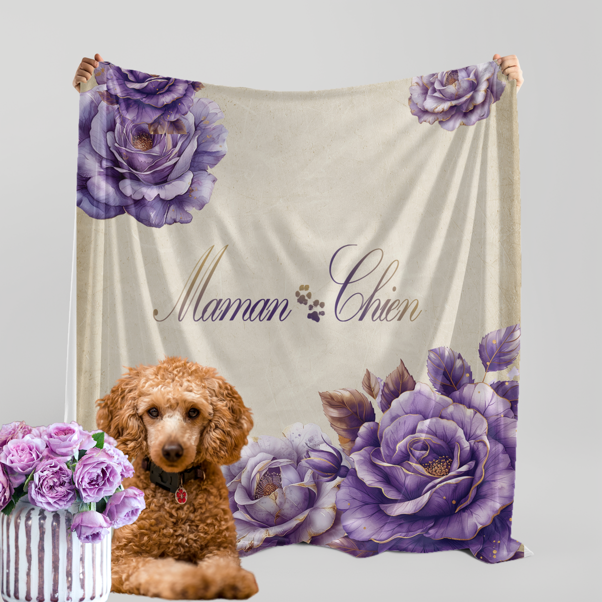 Maman Chien [Dog Mom in French] Country Lavender Rose Premium Sherpa Blanket - maman-chien-dog-mom-french-country-lavender-rose-sherpa-blanket