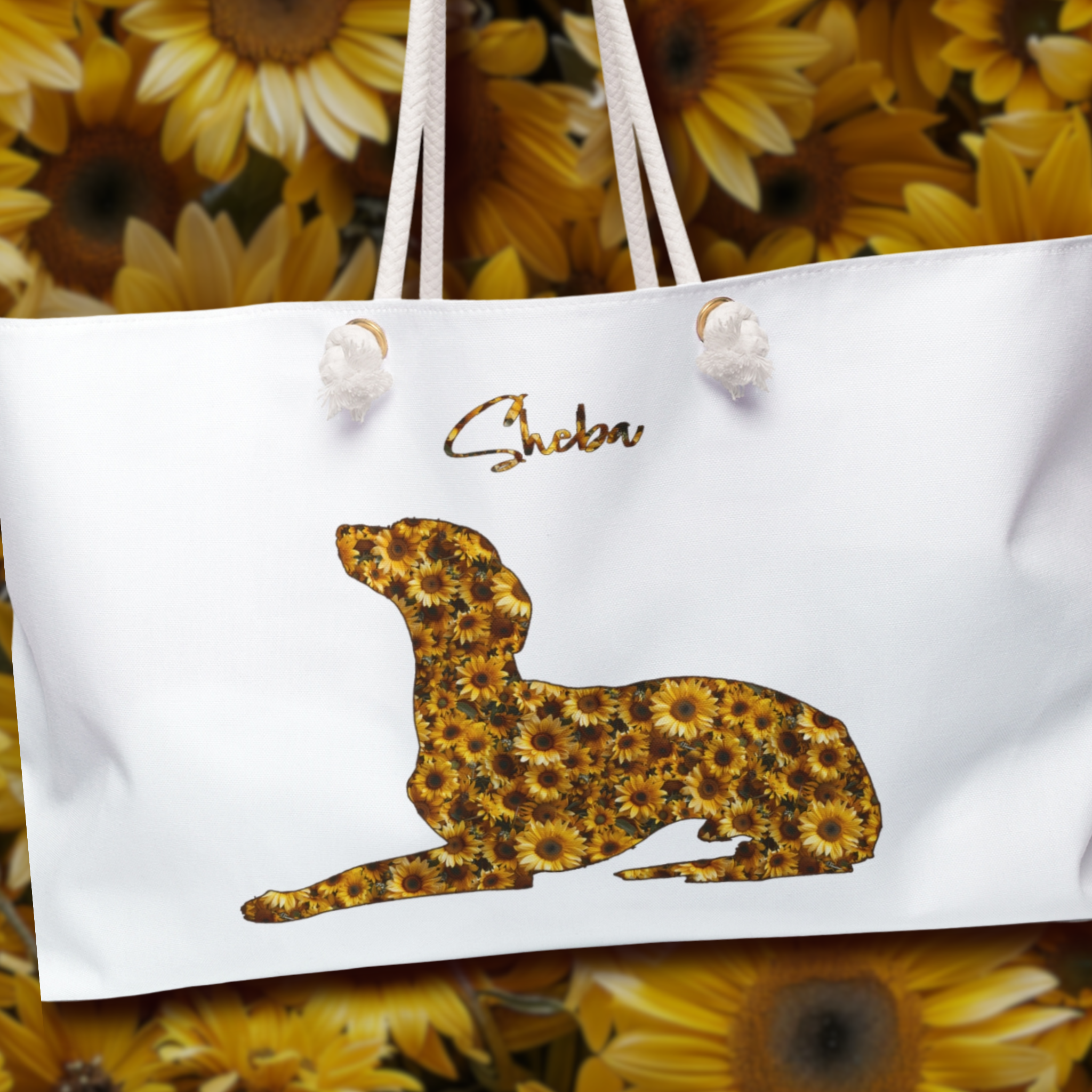 Personalized Sunflower Dog Silhouette Flower Art Weekender Market Tote - personalized-sunflower-dog-silhouette-flower-art-weekender-market-tote