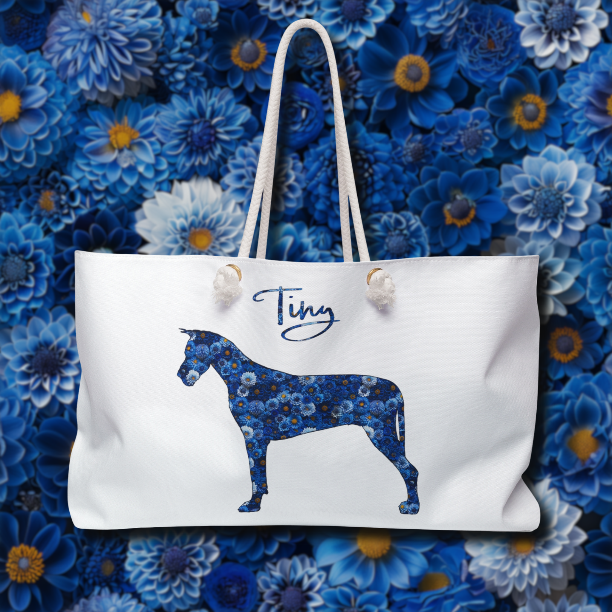 Personalized Blue Dahlia Dog Silhouette Flower Art Weekender Market Tote - Upload Your Photo - blue-dahlia-personalized-flower-dog-silhouette-weekender-copy