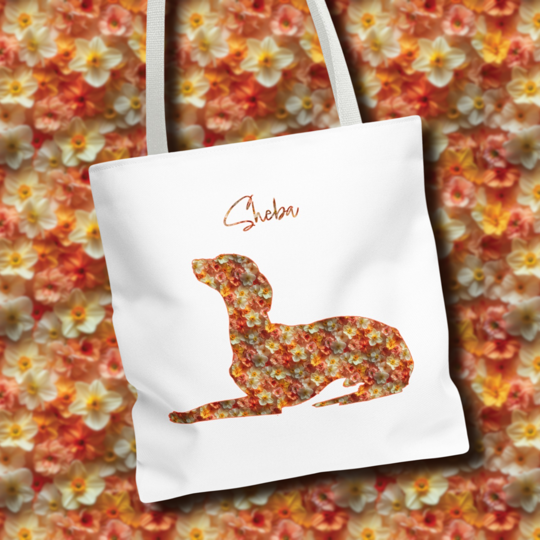 Personalized Daffodil Dog Silhouette Flower Art Tote Bag - Upload Your Photo - daffodil-personalized-dog-silhouette-flower-art-tote