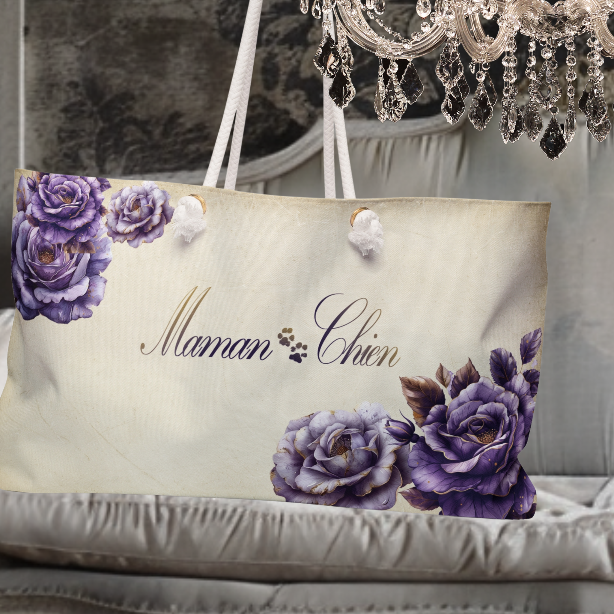 Maman Chien [Dog Mom in French] Lavender Rose Dog Mom Flower Weekender Tote - maman-chien-dog-mom-in-french-lavender-rose-dog-mom-weekender