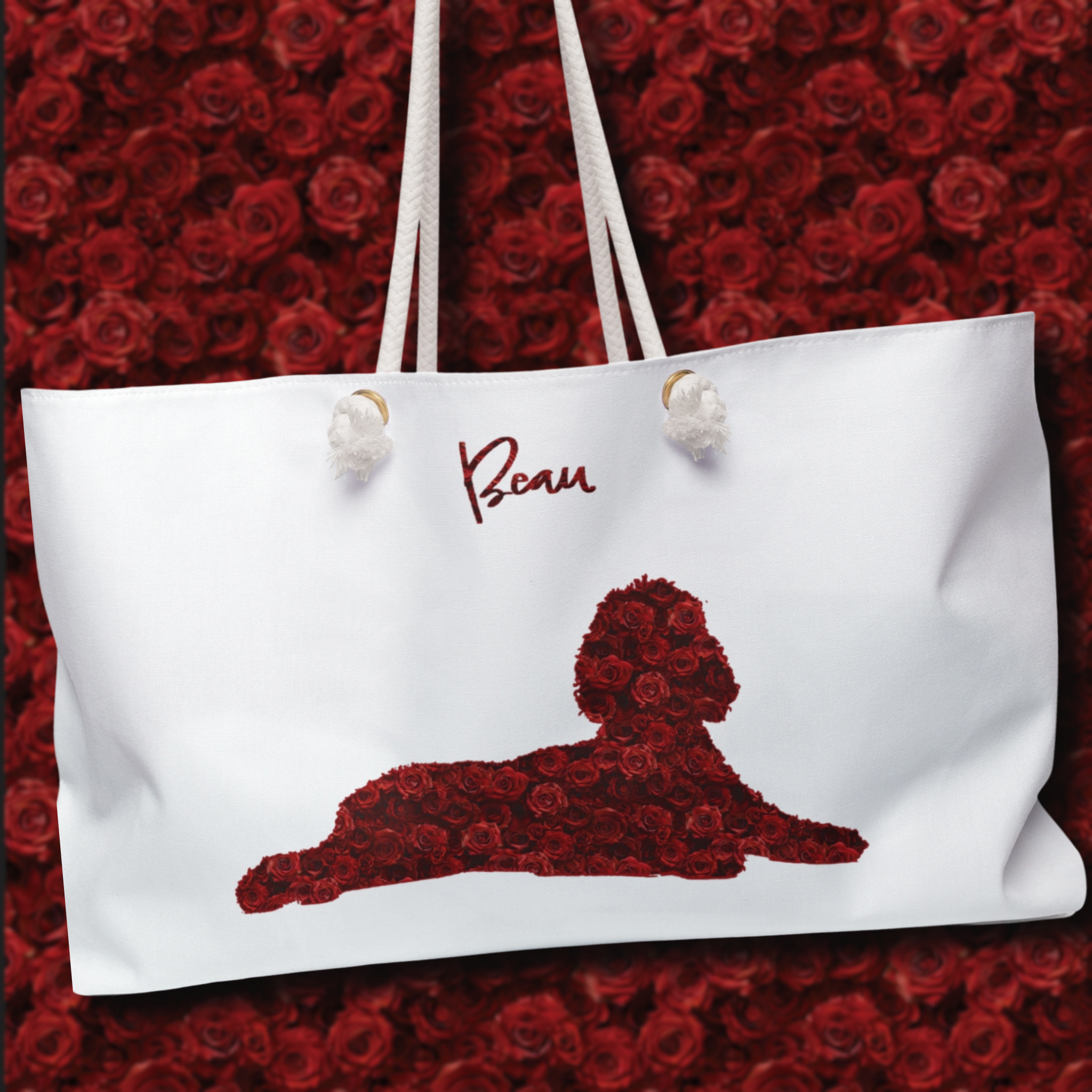 Personalized Red Rose Dog Silhouette Flower Art Weekender Market Tote - personalized-red-rose-dog-silhouette-flower-art-weekender